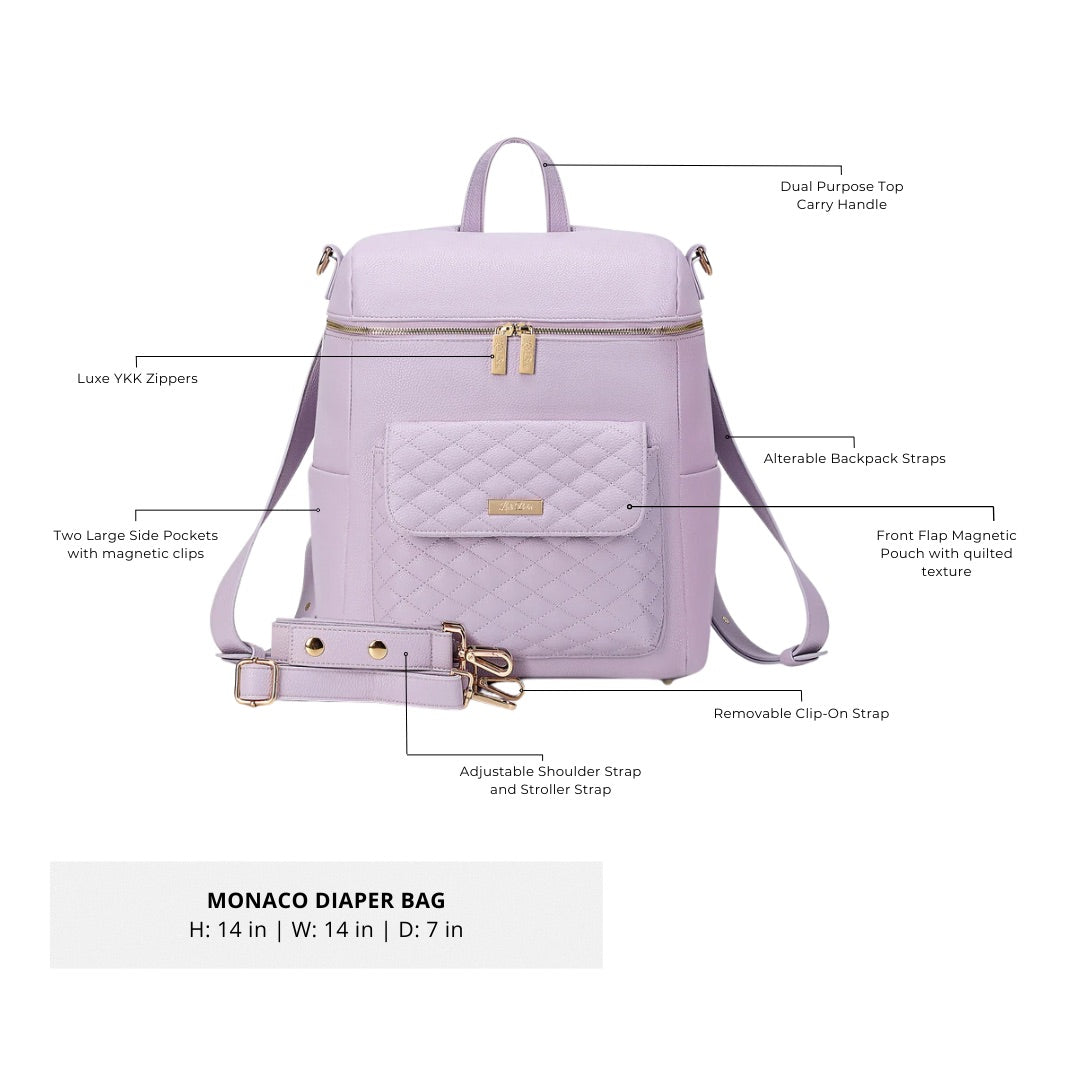 Diaper bag backpack showing size Luli bebe Changing bag lavender