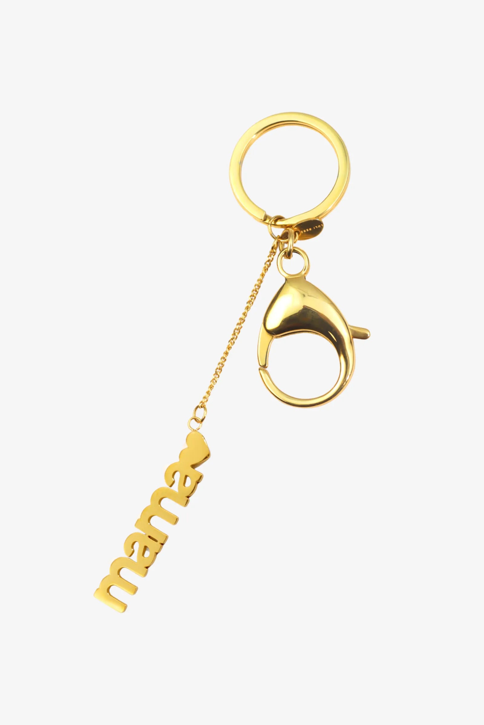 Gold Mama charm keychain with heart detail on white background – 18k gold plated stainless steel