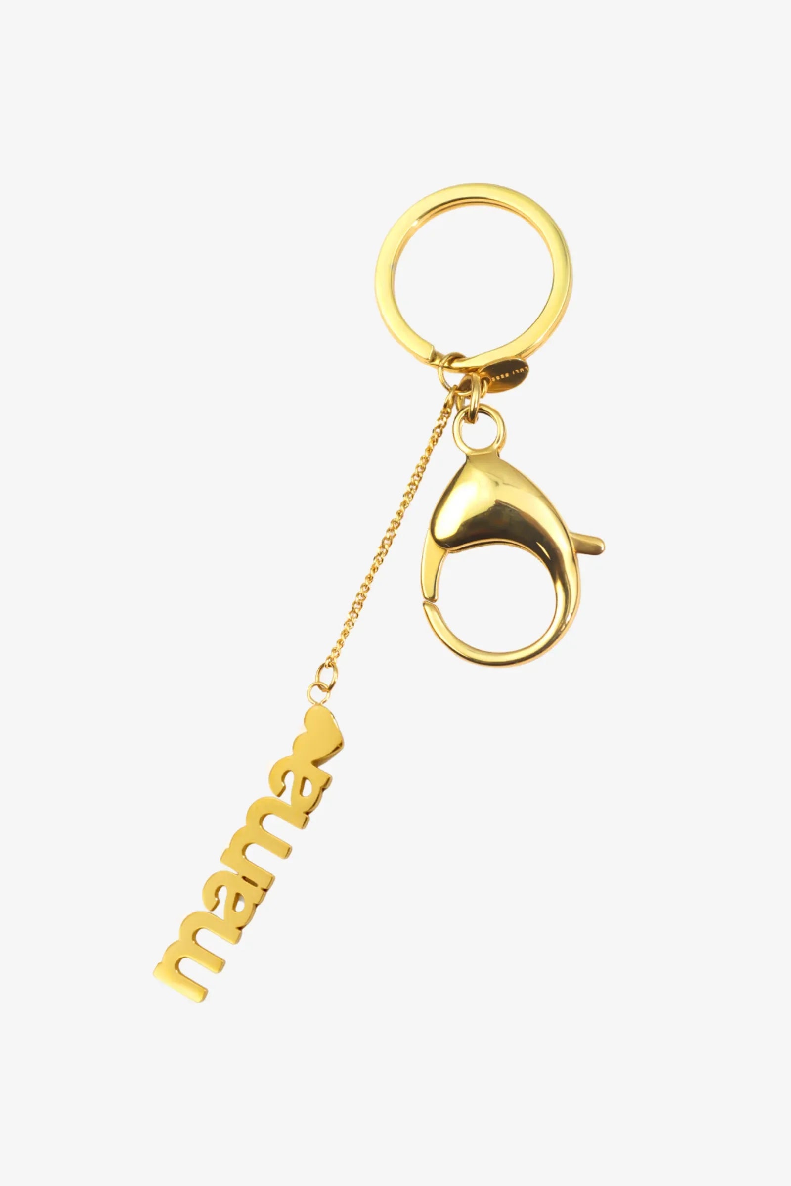 Gold Mama charm keychain with heart detail on white background – 18k gold plated stainless steel