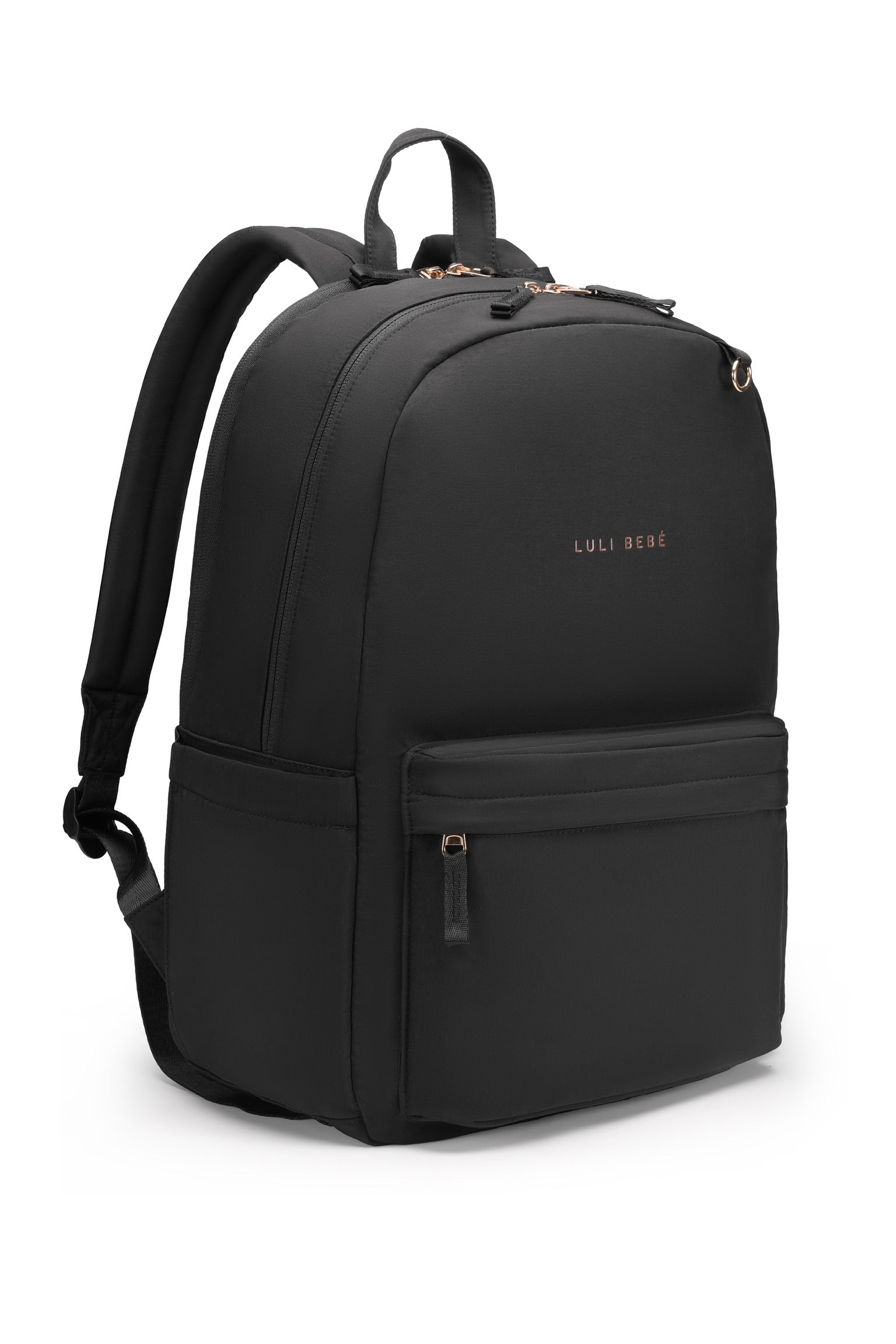 Black Daily Backpack – angled side view, minimalist everyday design by Luli Bebé