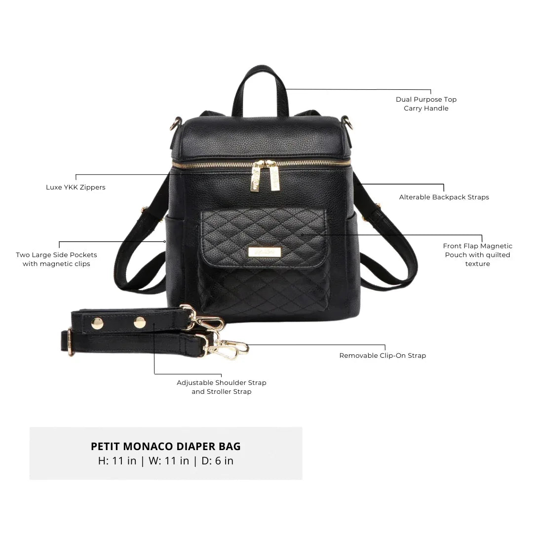 Petit Monaco ebony black diaper bag by Luli Bebe, showing size, functional features, and accessories like stroller straps for moms and baby essentials