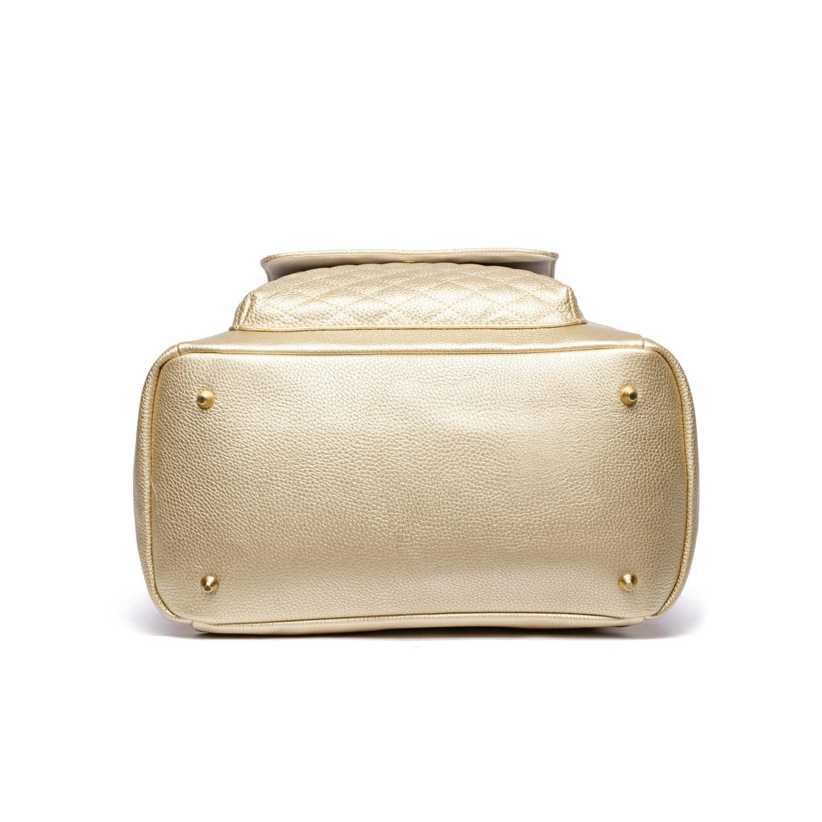 Imperfect Luli Bebé Monaco gold vegan leather diaper bag backpack with quilted front pocket and gold hardware