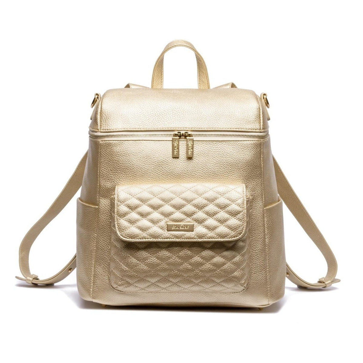 Imperfect Luli Bebé Monaco gold vegan leather diaper bag backpack with quilted front pocket and gold hardware