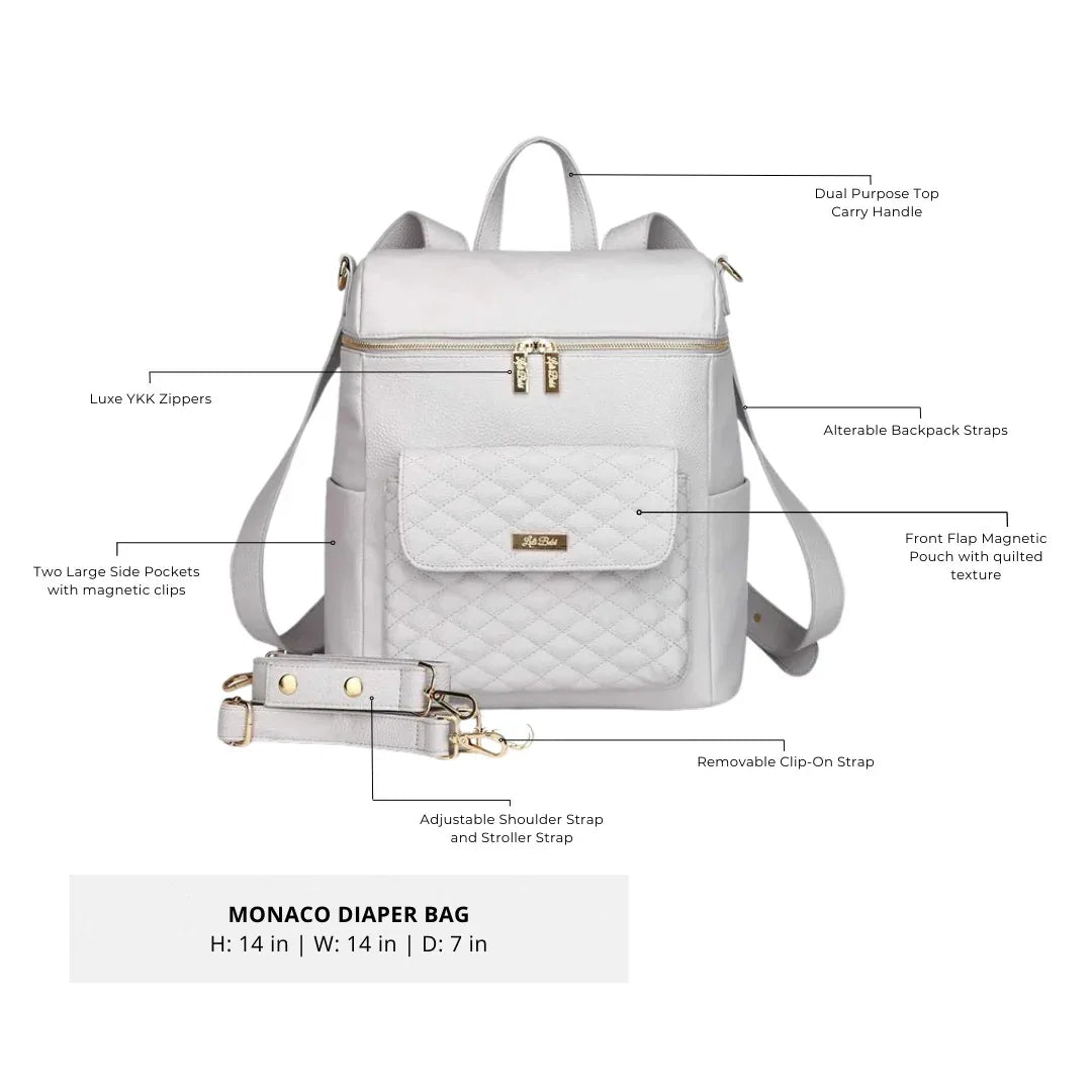Large Stone Grey diaper bag by Luli Bebe – detailed view of size, features, stroller straps