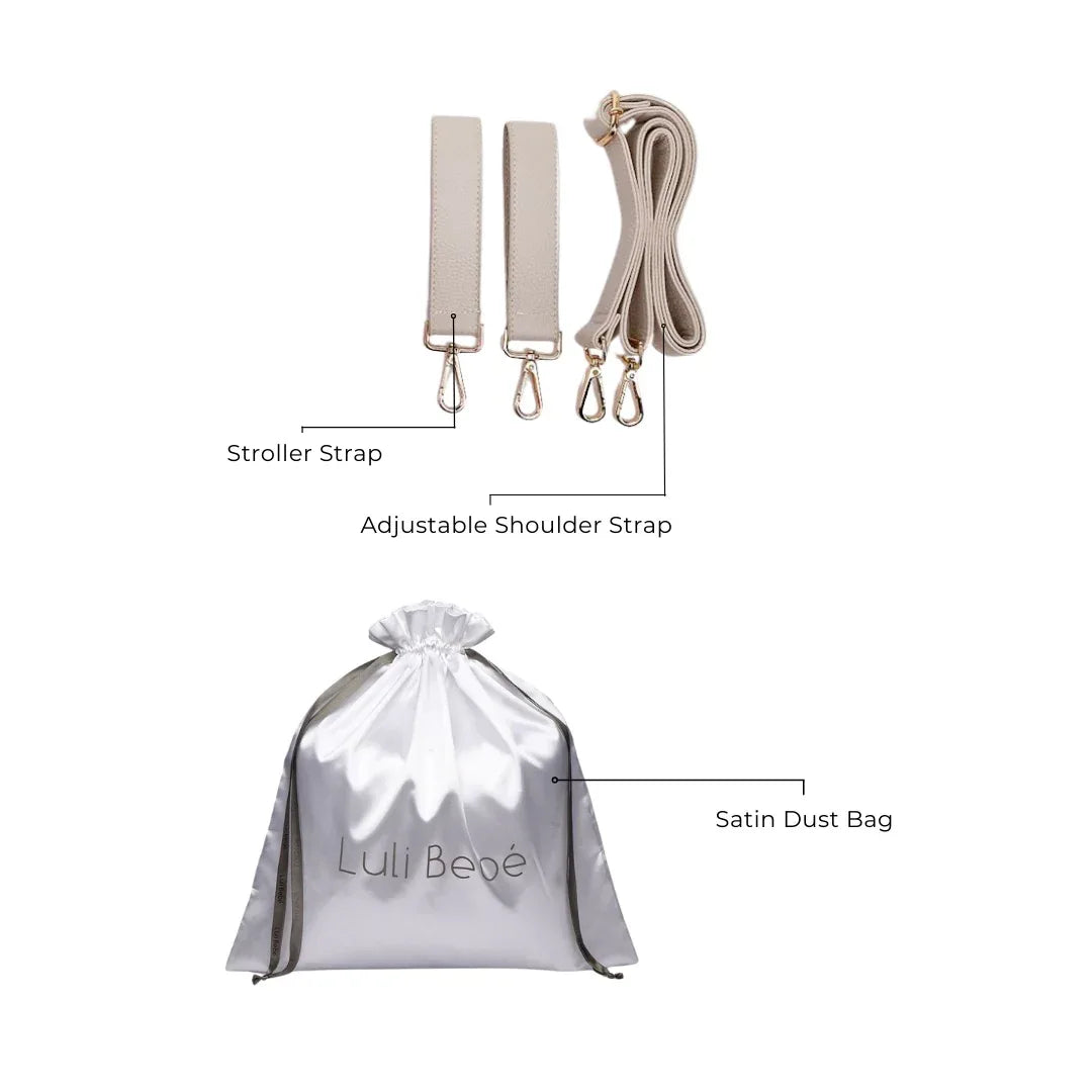 Pastel Pink Diaper Bag | Petit Monaco by Luli Bebe accessories with stroller straps, adjustable shoulder strap, and satin dust bag