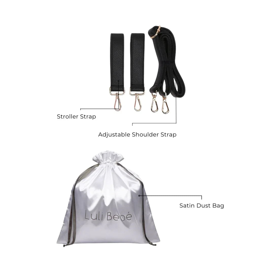 Petit Monaco ebony black diaper bag by Luli Bebe, showing included dust bag, stroller straps, and adjustable crossbody strap for moms and baby essentials