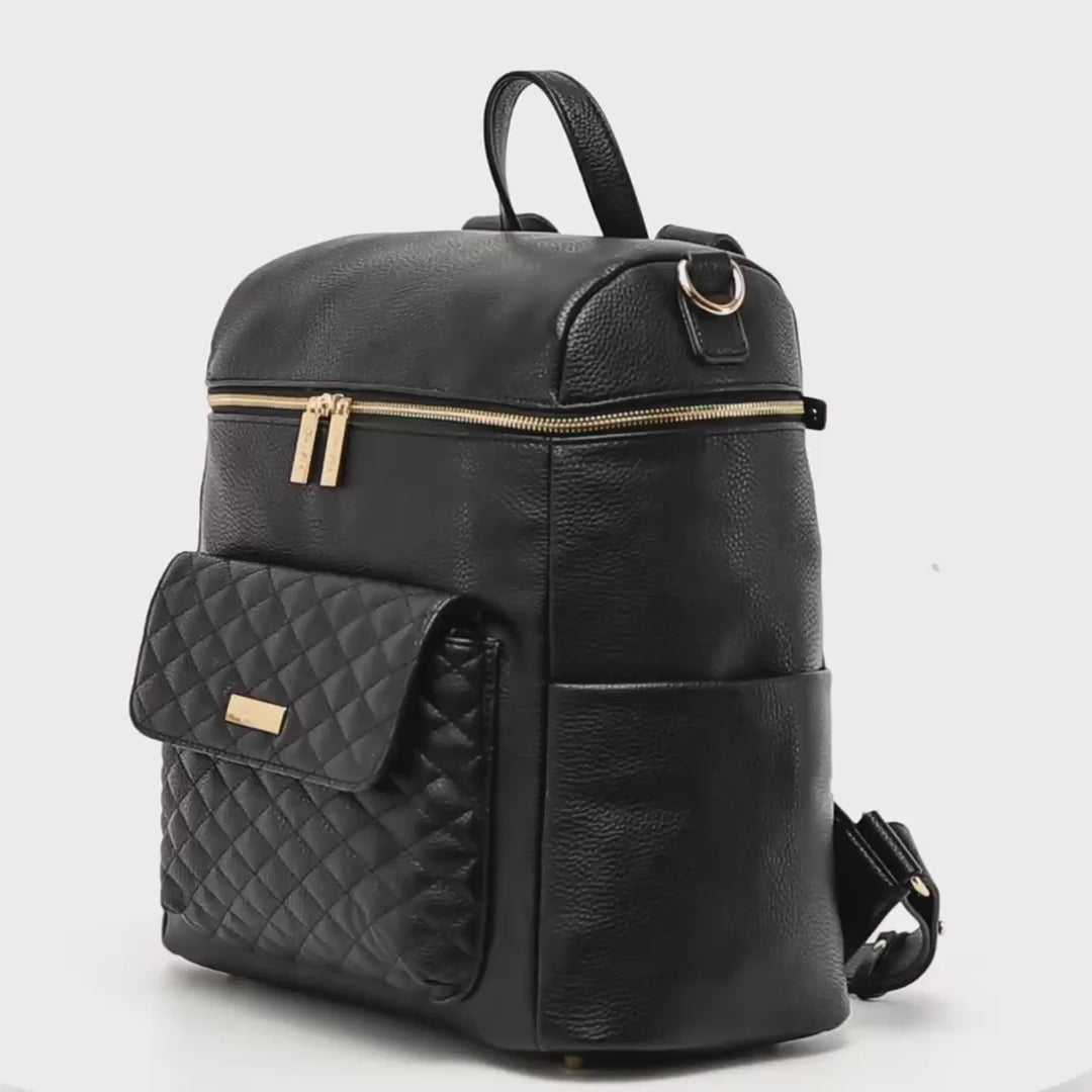 Black diaper bag video – Monaco collection by Luli Bebe, best stylish large backpack with stroller straps and changing pad, mom-approved for everyday use