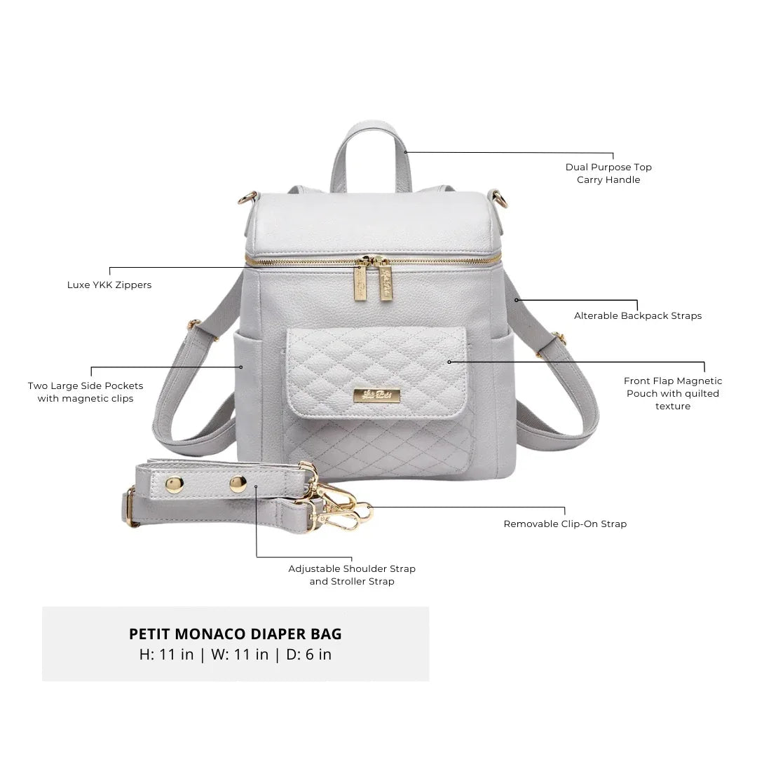 Stone Grey Diaper Bag – Petit Monaco by Luli Bebe, feature breakdown with stroller straps, side pockets, zippers, and size dimensions