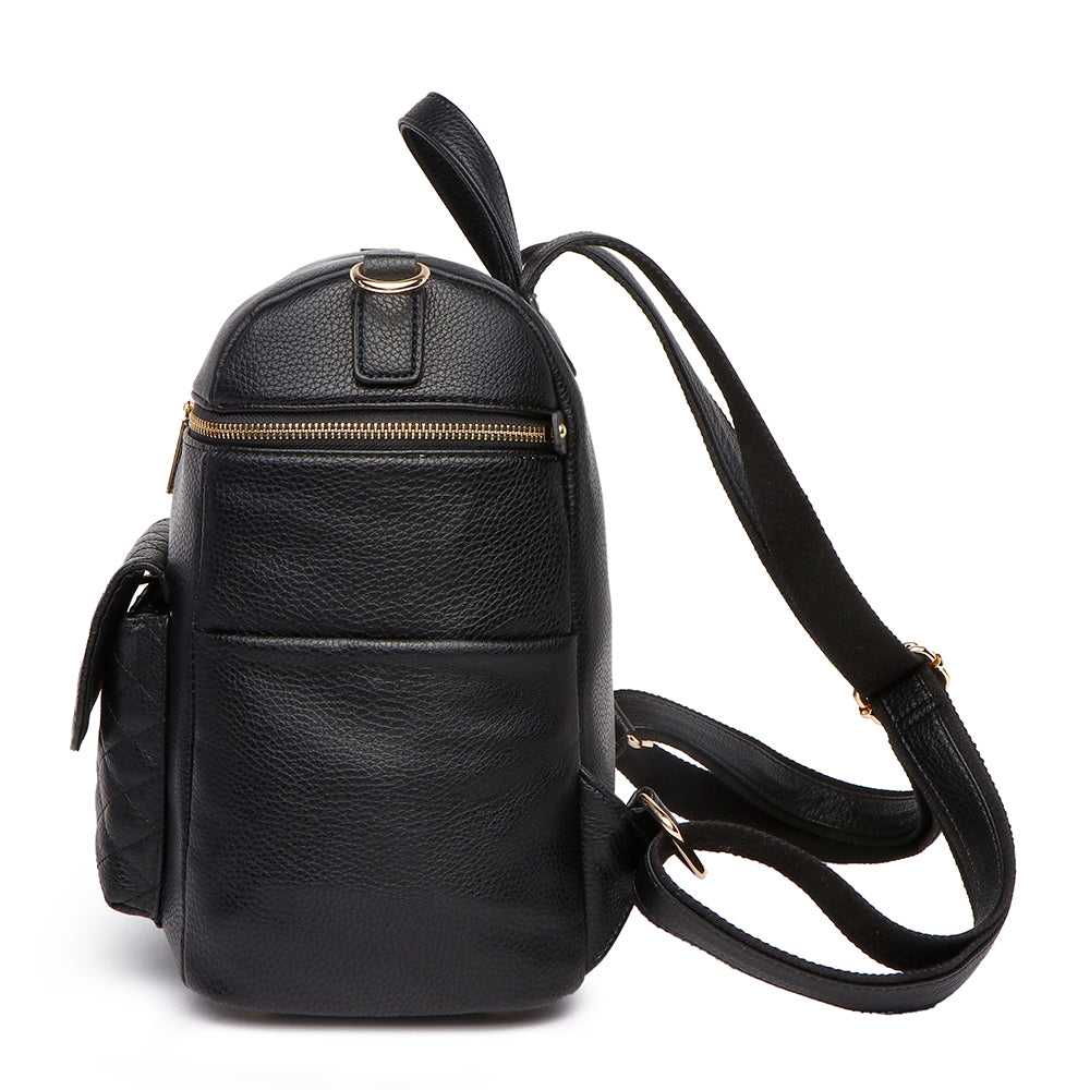 Petit Monaco ebony black diaper bag by Luli Bebe, side view showing stroller straps and sleek pockets for baby bottles and everyday essentials