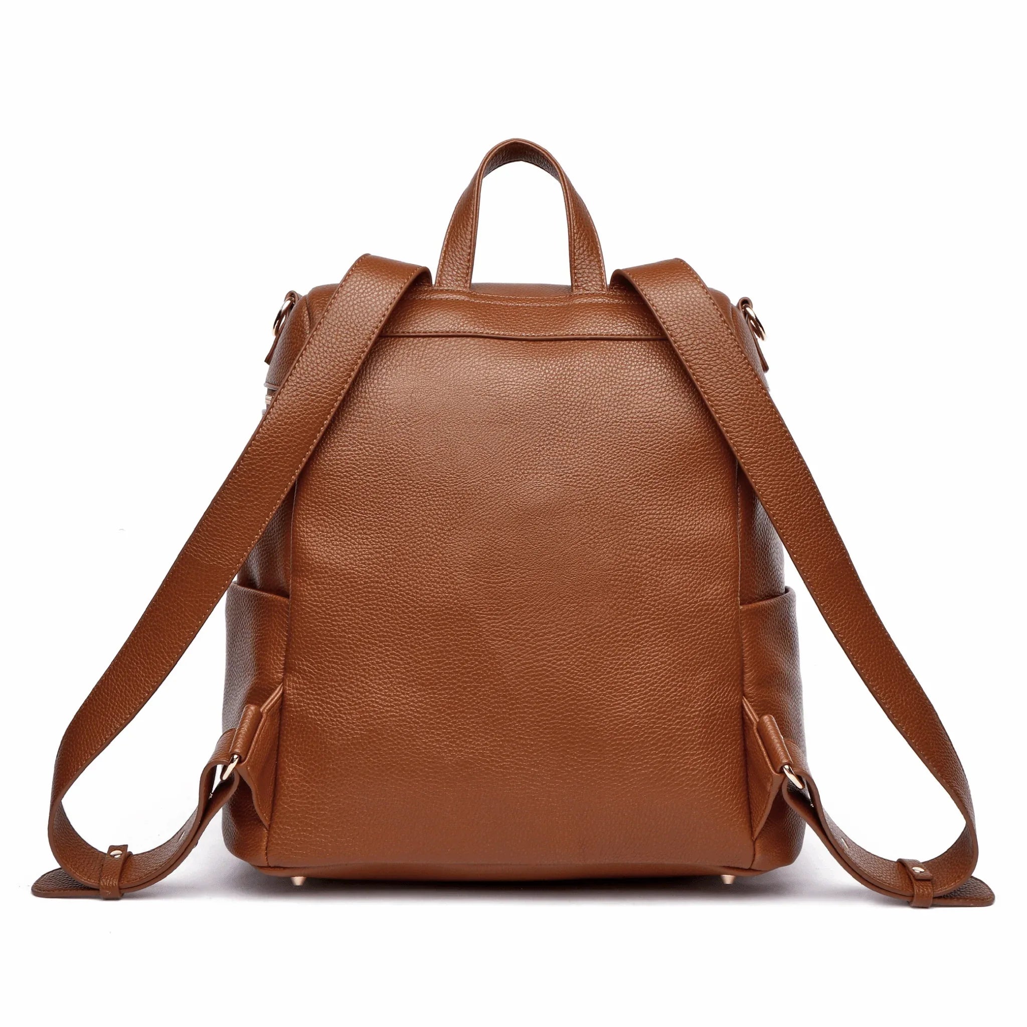 brown Diaper Bag backpack for moms. Caramel Brown - back view