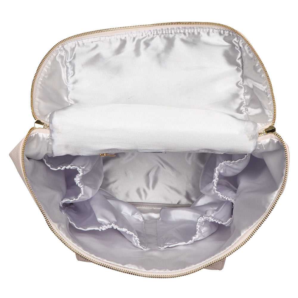 Pink Diaper Bag – Petit Monaco by Luli Bebe, interior view with satin lining mini diaper bag backpack