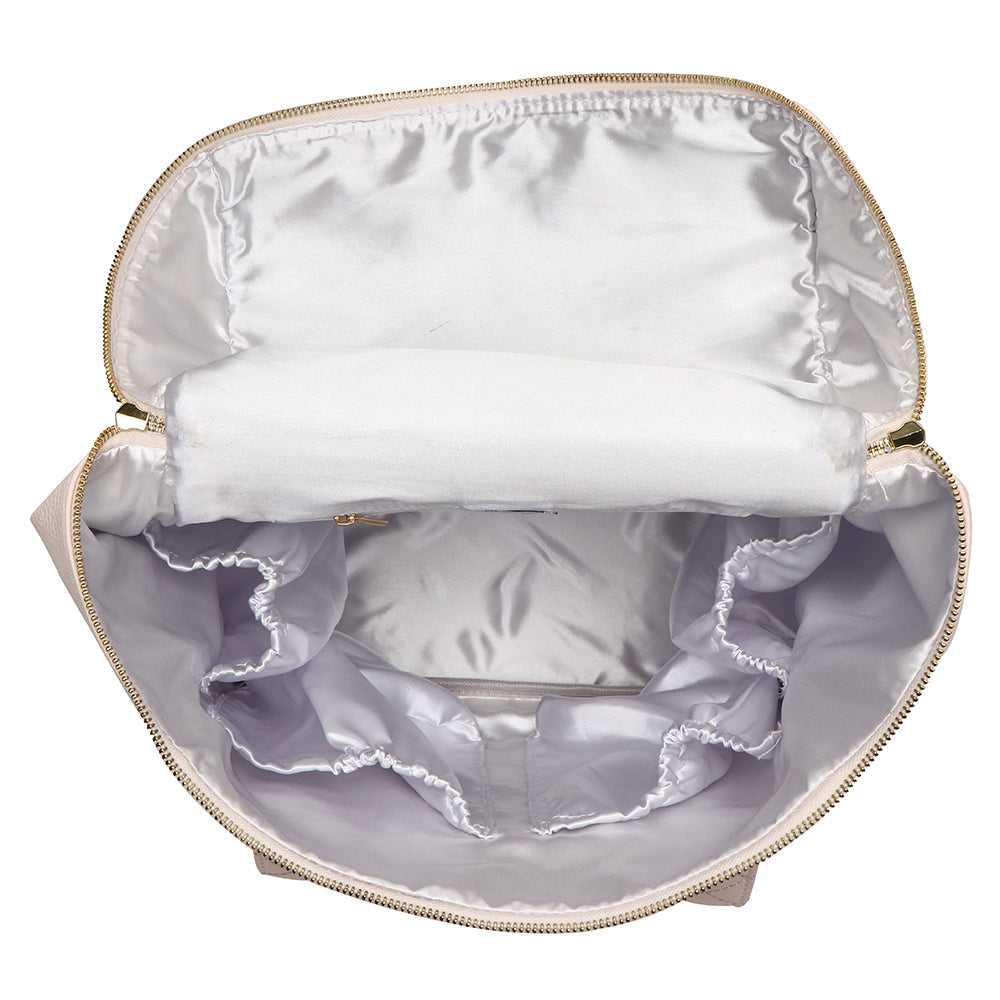 Pink Diaper Bag – Petit Monaco by Luli Bebe, interior view with satin lining mini diaper bag backpack