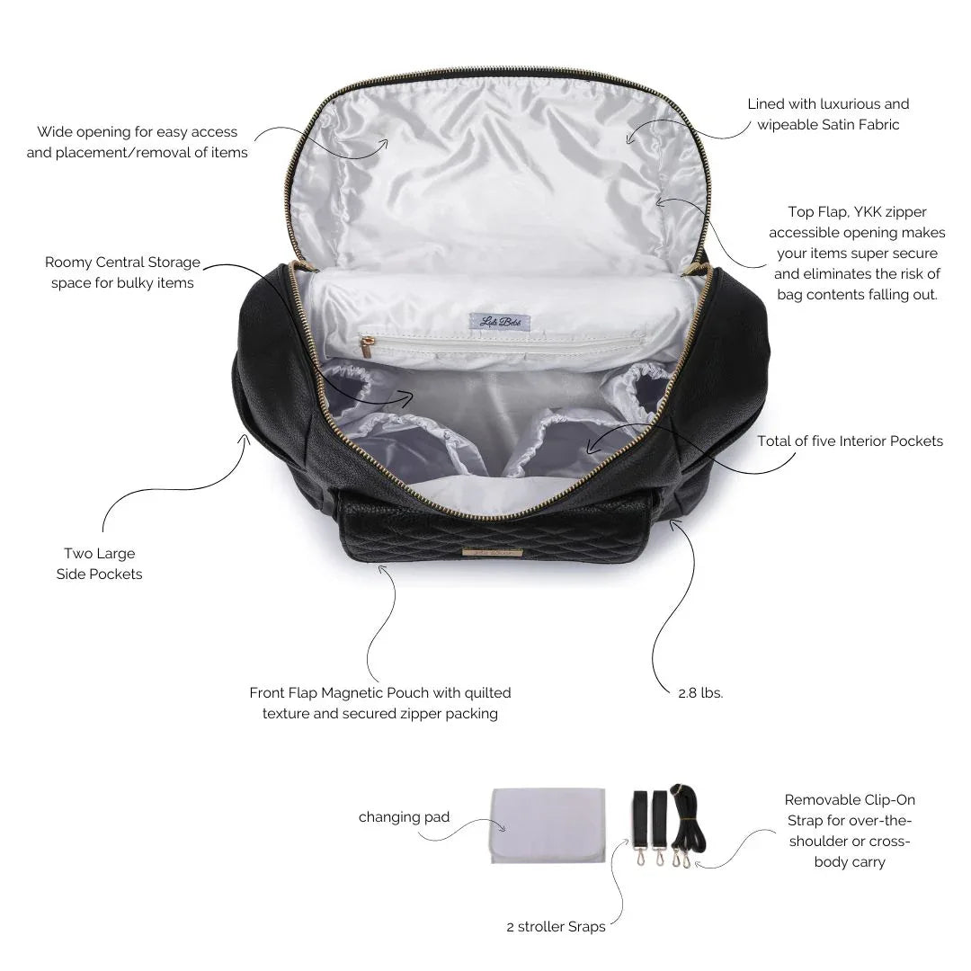 Stylish black diaper bag interior – Monaco collection by Luli Bebe, mom-approved satin lining with organized pockets and premium details