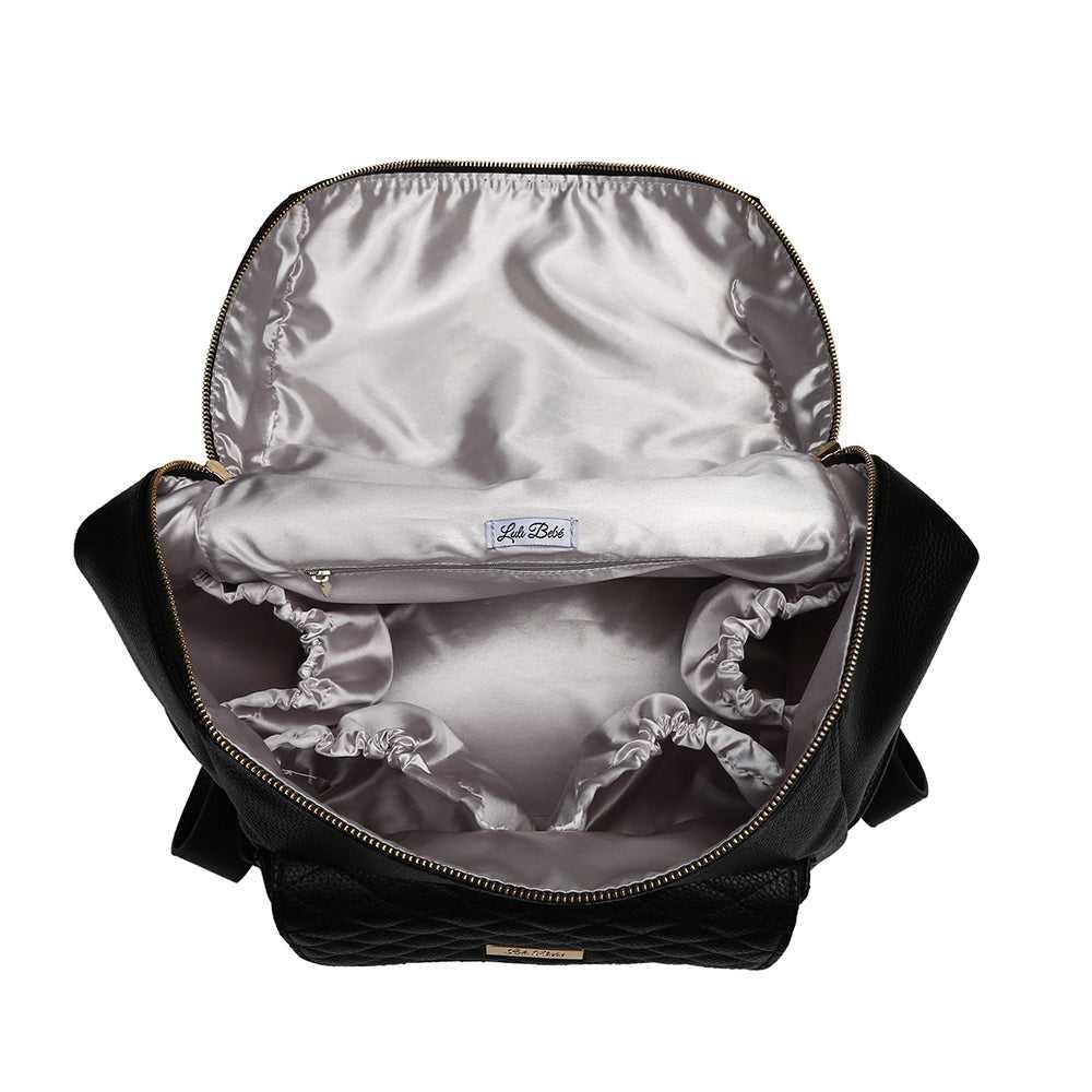 Interior of black diaper bag – Monaco collection by Luli Bebe, satin lining with organized pockets, stylish and mom-approved-stylish-travel bag