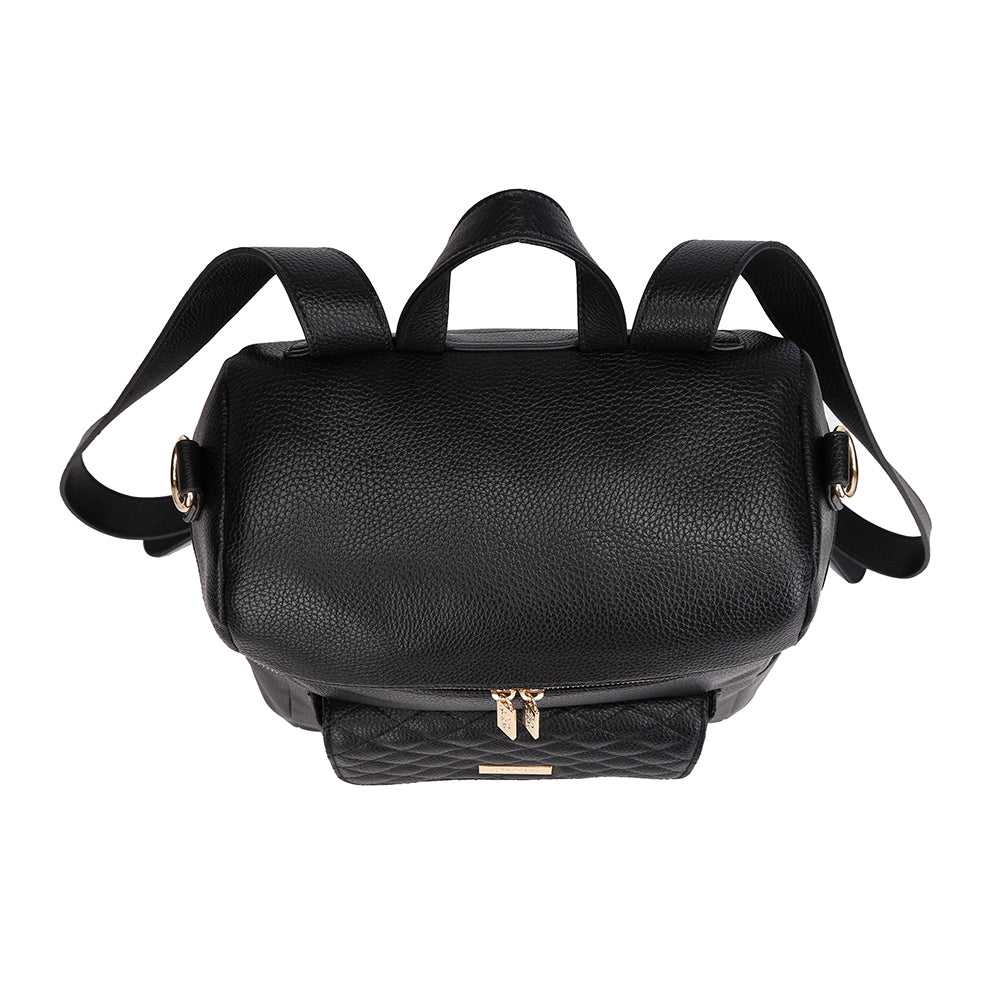 Top view of black diaper bag – Monaco by Luli Bebe, premium vegan leather with spacious opening, stylish and practical for moms