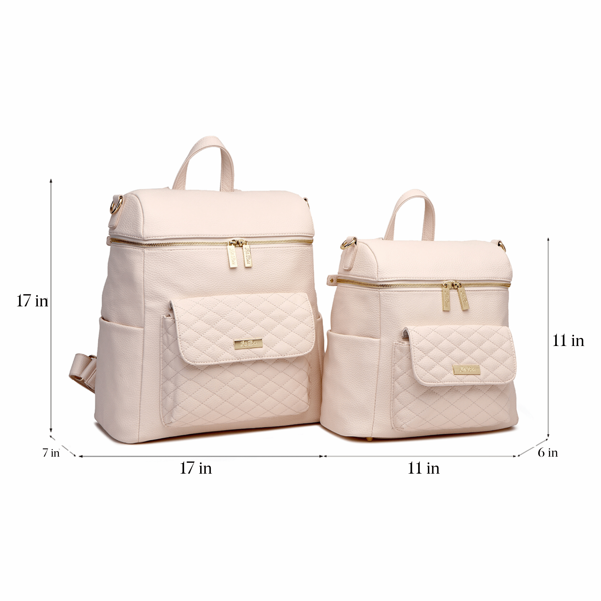Pink Diaper Bag | Large vs. Petit Monaco by Luli Bebe side-by-side size comparison with dimensions