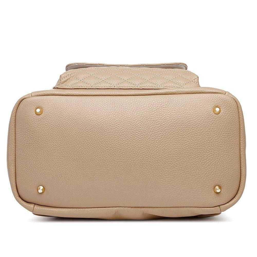 Latte Brown diaper bag by Luli Bebe, bottom view showing structured base and premium vegan leather for lasting durability and baby essentials