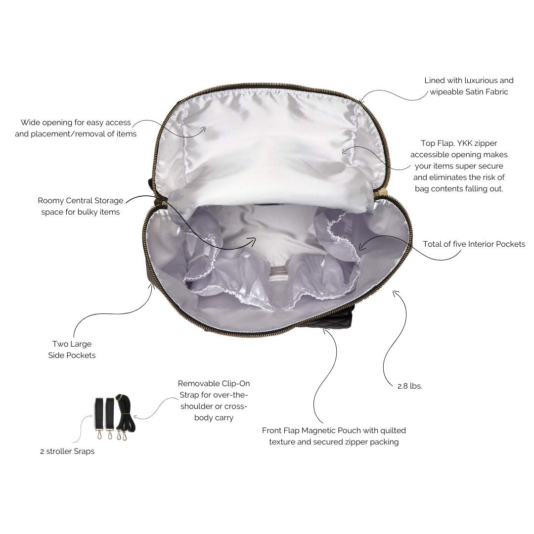 Petit Monaco ebony black diaper bag by Luli Bebe, interior view showing multiple pockets for baby bottles, diapers, and daily essentials