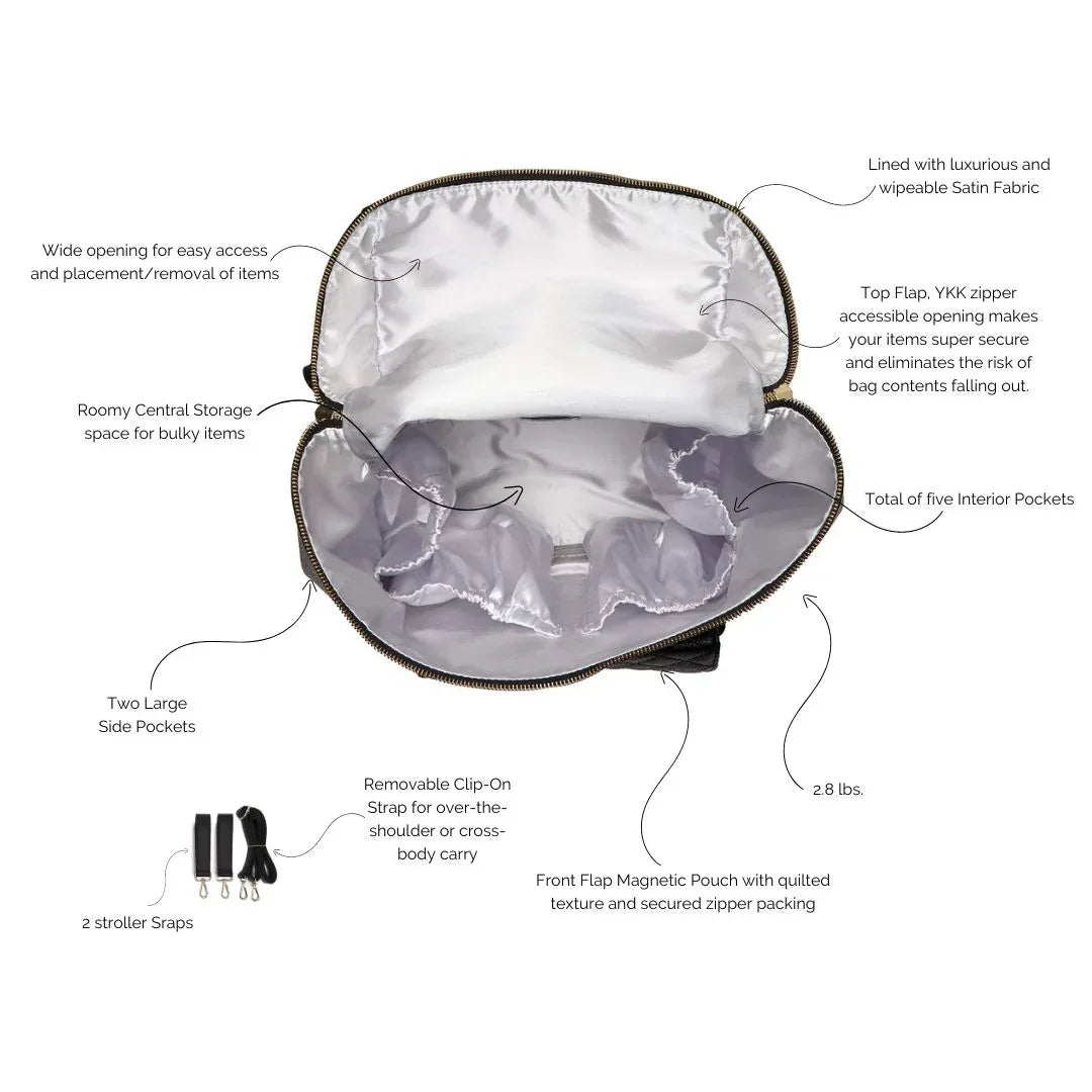 Petit Monaco ebony black diaper bag by Luli Bebe, interior view showing multiple pockets for baby bottles, diapers, and daily essentials