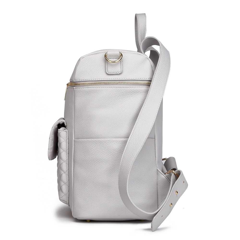 Side view of the Large Stone Grey Diaper Backpack by Luli Bebe, sleek and functional design for modern moms on the go