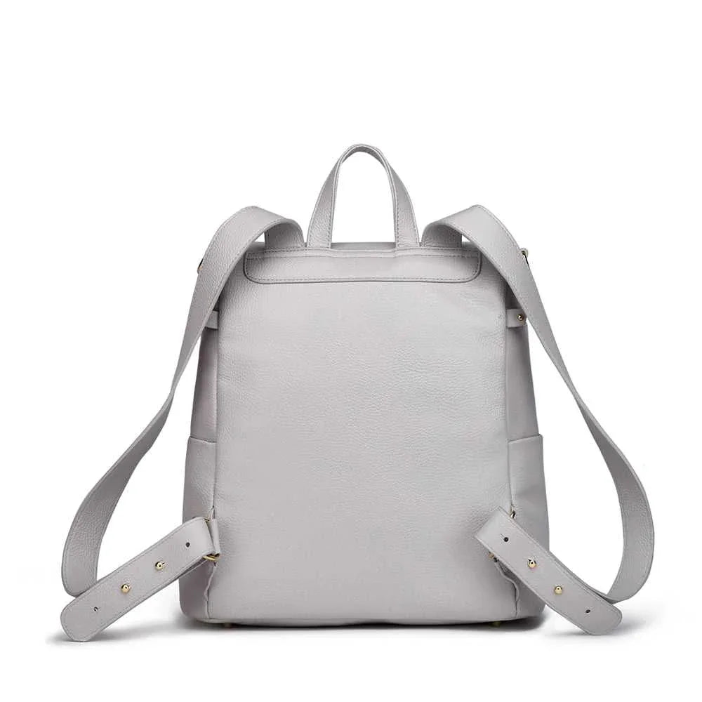Back view of the Signature Stone Grey Diaper Bag by Luli Bebe with padded backpack straps, perfect for hands-free baby travel