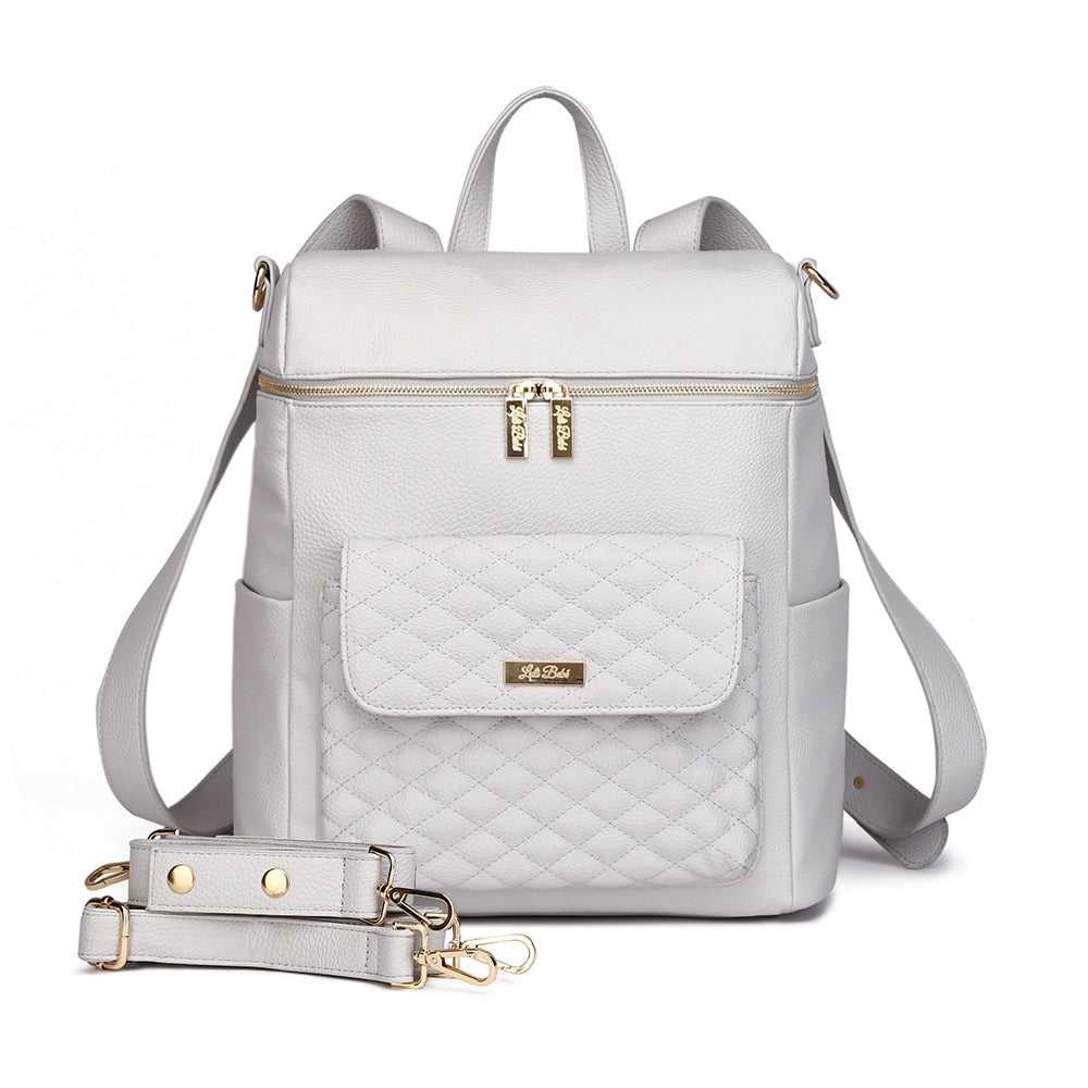 Signature Large Stone Grey diaper bag by Luli Bebe shown with stroller straps, luxury diaper backpack designed for newborn essentials and travel.