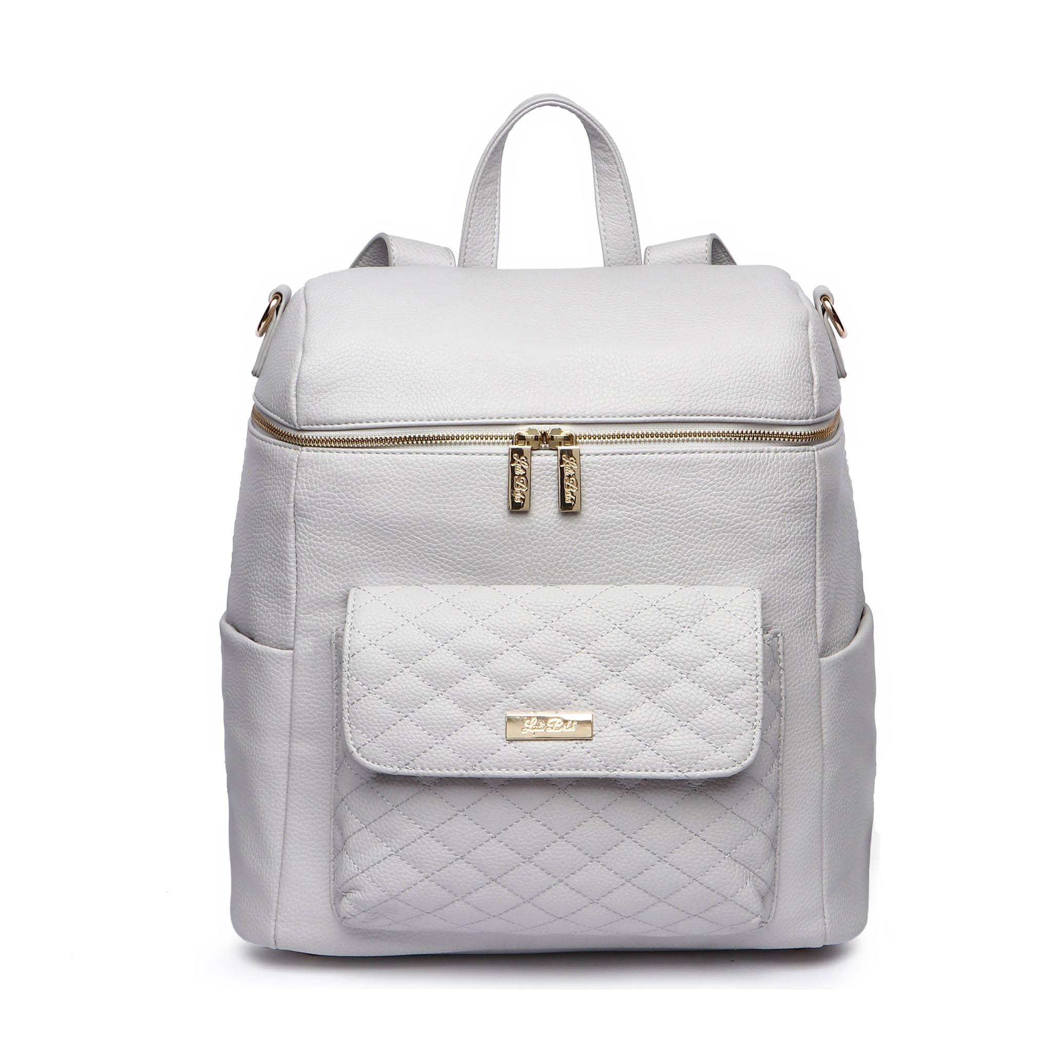 Front view of the Signature Large Stone Grey Diaper Bag by Luli Bebe – stylish luxury backpack for moms carrying baby essentials.
