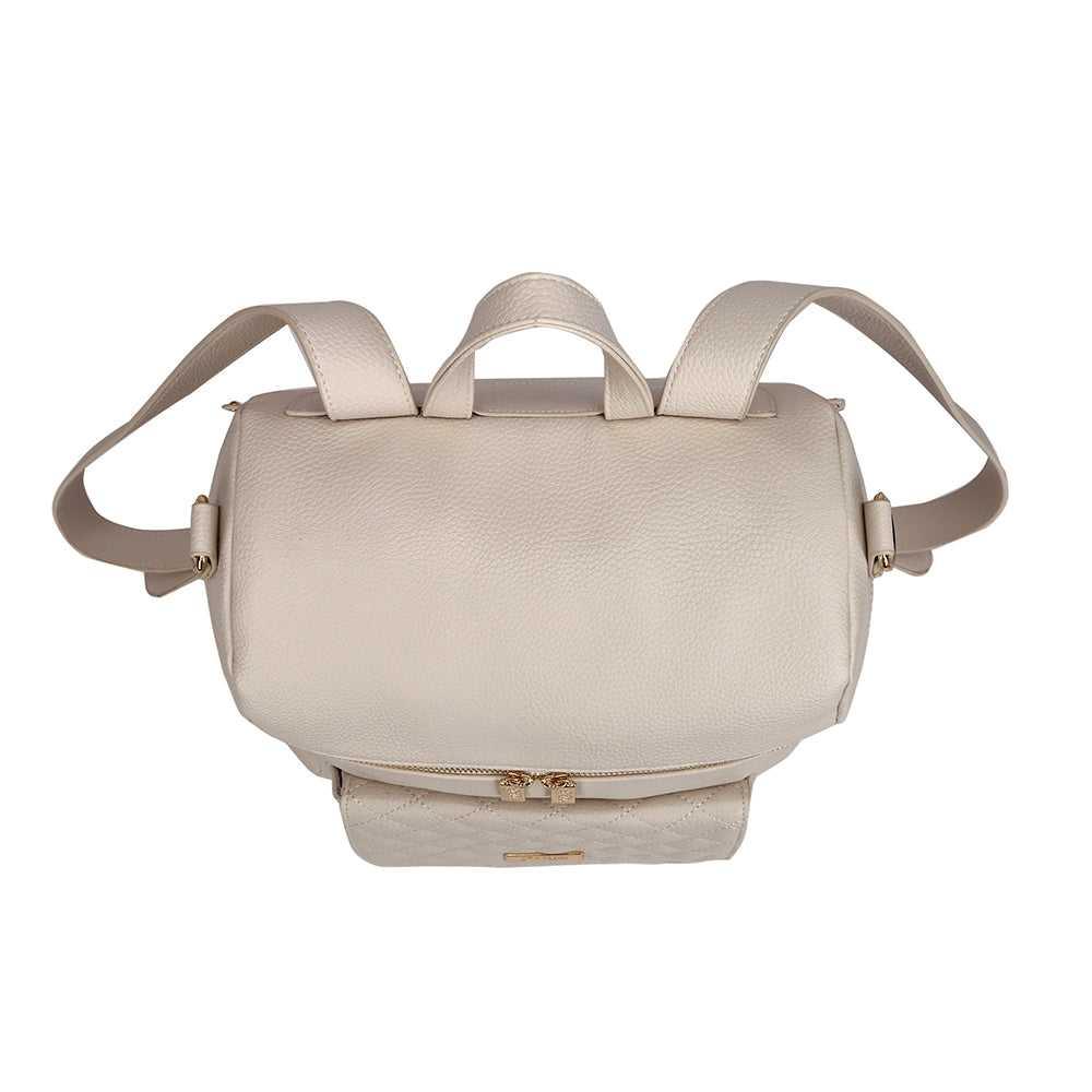 Top view of Pearl White Luli Bebé diaper bag – wide opening with smooth zippers for easy access to baby essentials.