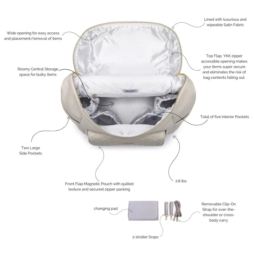 Interior of Luli Bebé Signature Pearl White diaper bag – satin lining with multiple pockets for bottles, wipes, and baby must-haves.