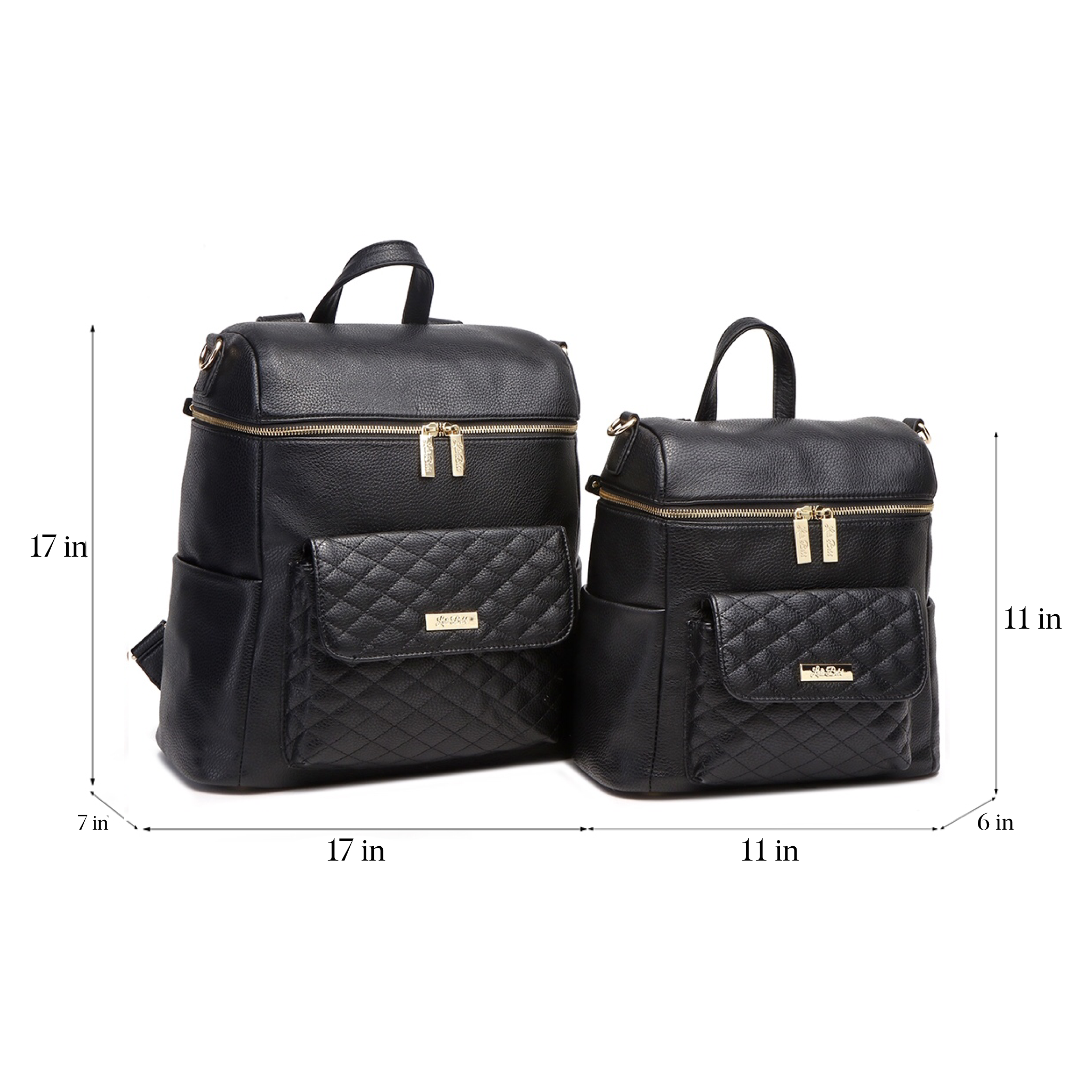 Side by side comparison of Petit and Large Monaco diaper bags in ebony black by Luli Bebe, stylish luxury diaper backpacks for modern moms
