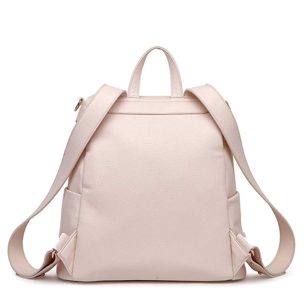 Stylish pastel pink diaper bag back view, Luli Bebe Monaco with comfortable backpack straps, mom-approved design