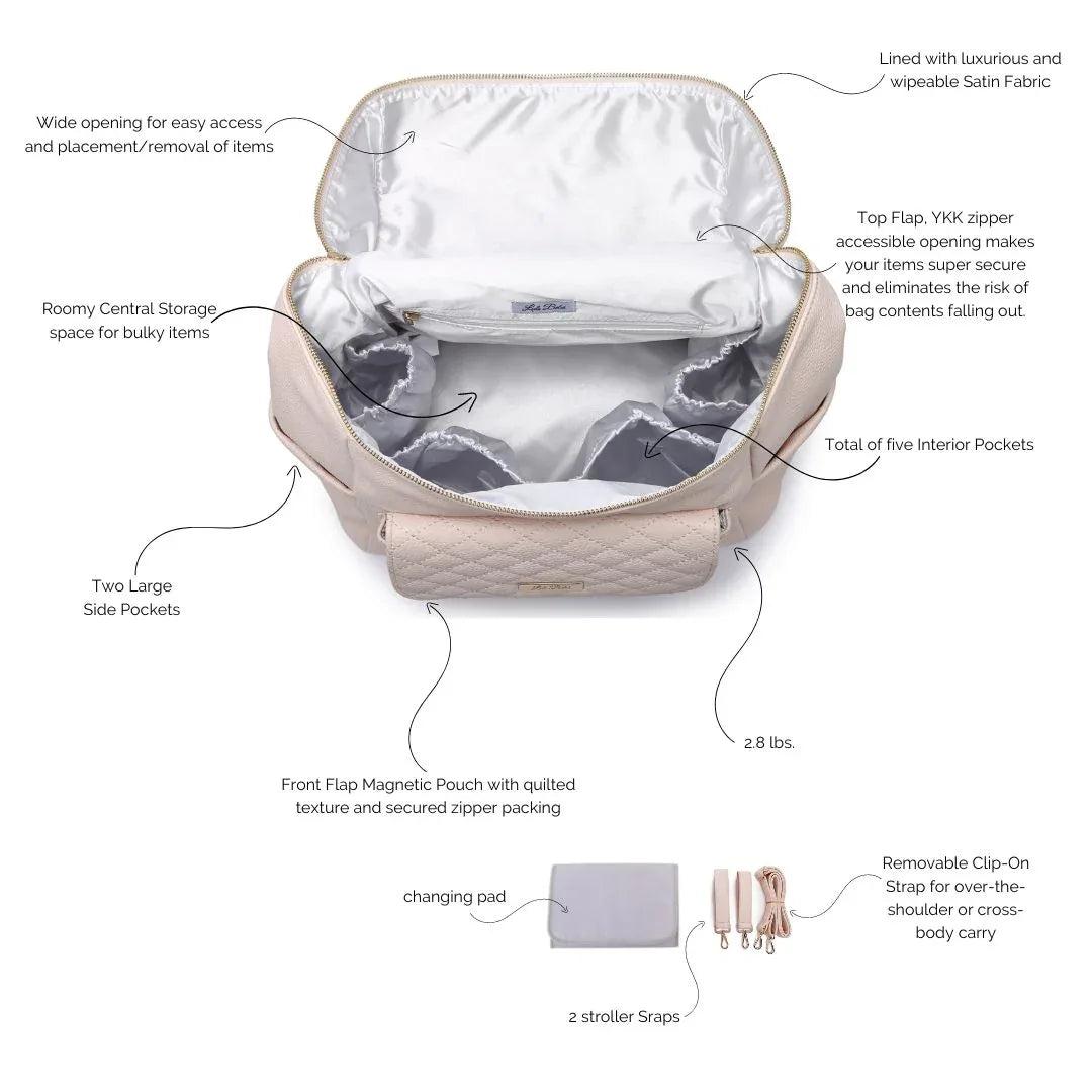 Pink diaper bag interior by Luli Bebe, luxury satin lining with organized compartments for baby essentials