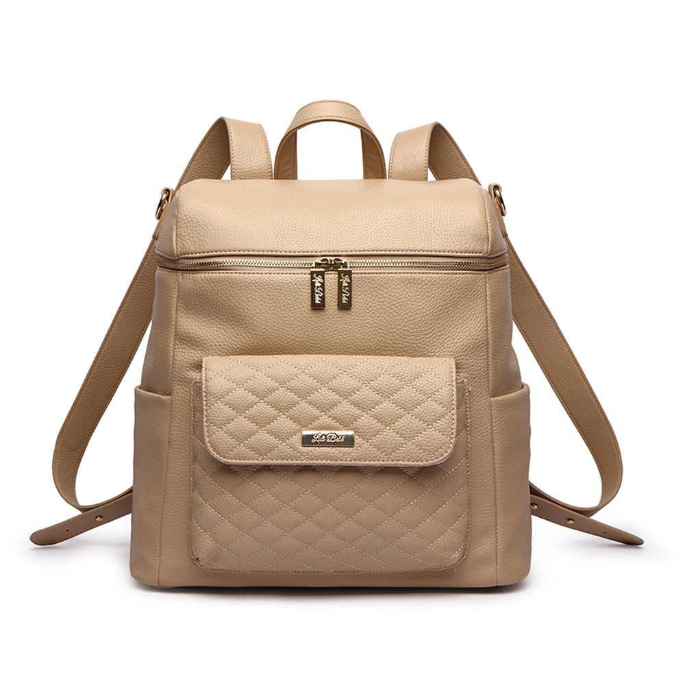 Latte Brown diaper bag by Luli Bebe, close-up of front pocket with elegant stitching detail and premium vegan leather design