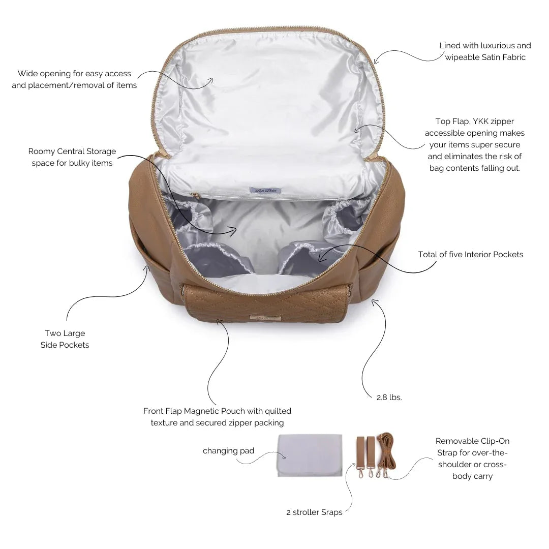 Signature Latte Brown diaper bag by Luli Bebe, inside view with satin lining and multiple pockets for baby bottles, diapers, and essentials