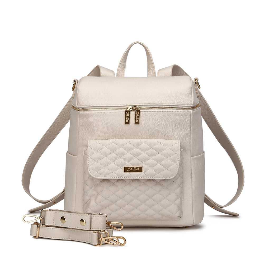 Luxury Pearl White diaper bag by Luli Bebé | Signature Monaco Collection – stylish, mom-approved diaper backpack for baby essentials