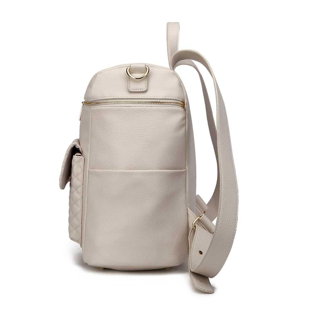 Side profile of Signature Pearl White diaper bag by Luli Bebé – sleek luxury diaper backpack with stroller strap option.