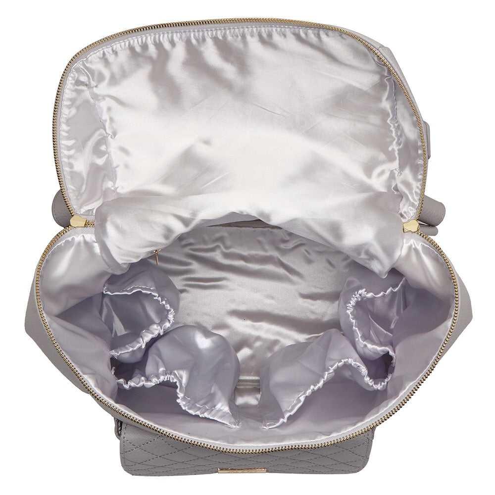 Stone Grey Diaper Bag – Petit Monaco by Luli Bebe, interior view of stylish mini diaper bag backpack with satin lining