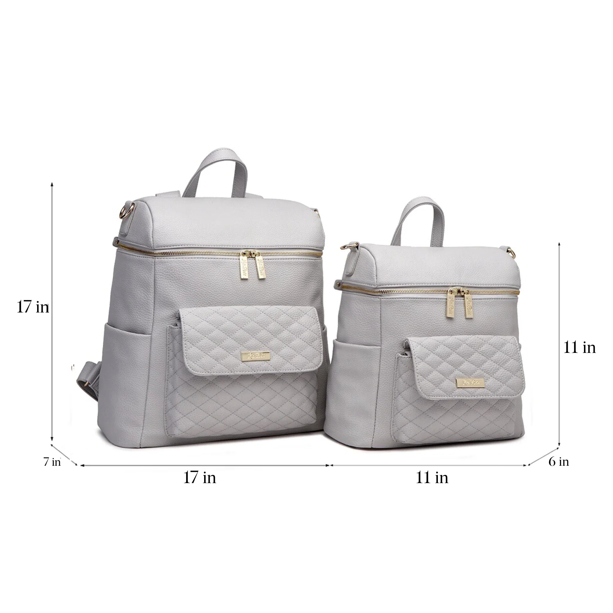 Stone Grey Diaper Bag – Petit Monaco by Luli Bebe shown next to Large Monaco for size comparison with dimensions