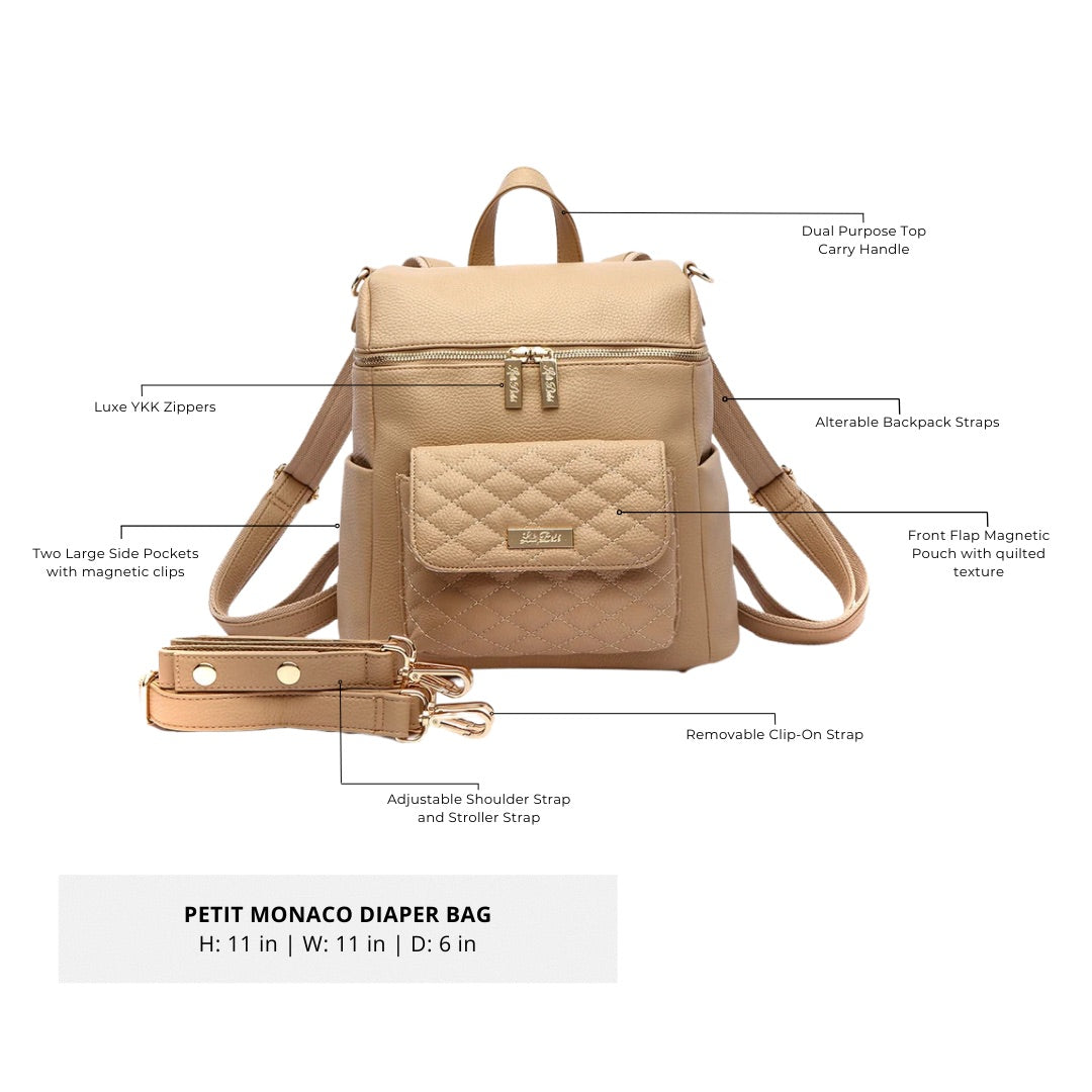 Latte brown diaper Backpack bag size comparison showing compact dimensions perfect for essentials