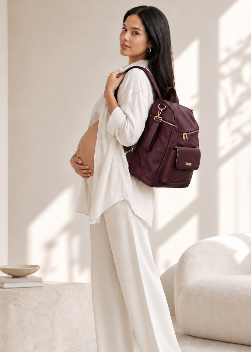 Luxury burgundy diaper bag backpack for moms in vegan leather – Montecito Merlot by Luli Bebé