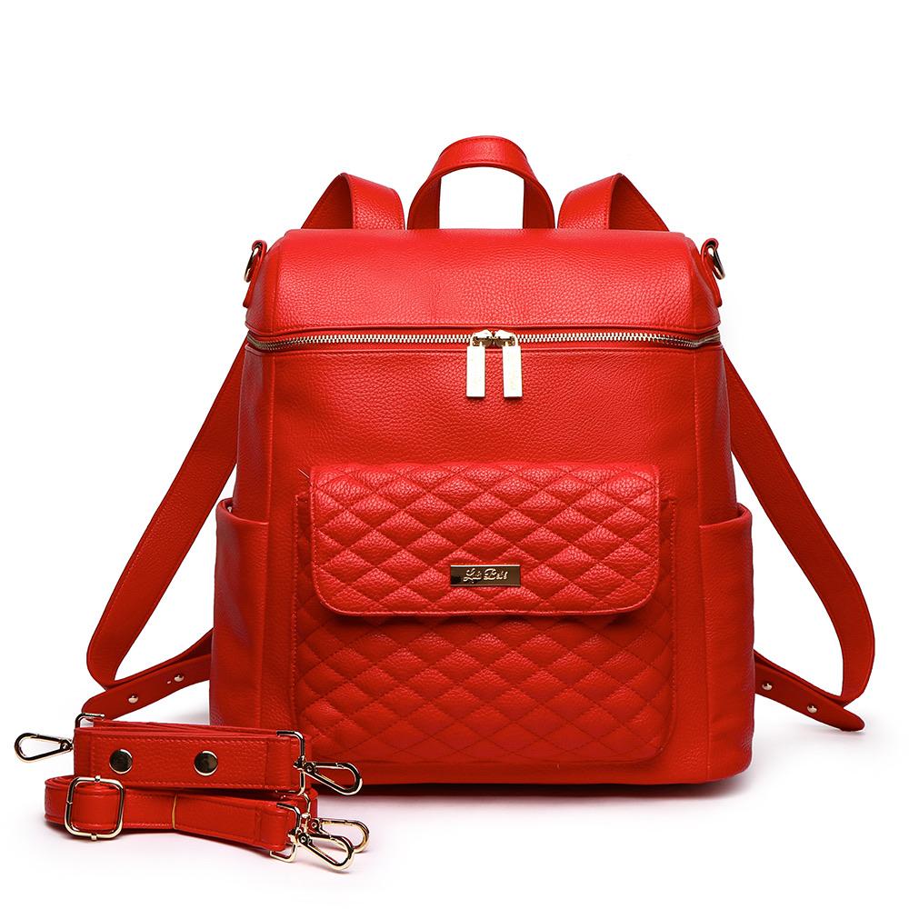 Imperfect Luli Bebé Monaco red vegan leather diaper bag backpack with quilted front pocket and gold hardware.