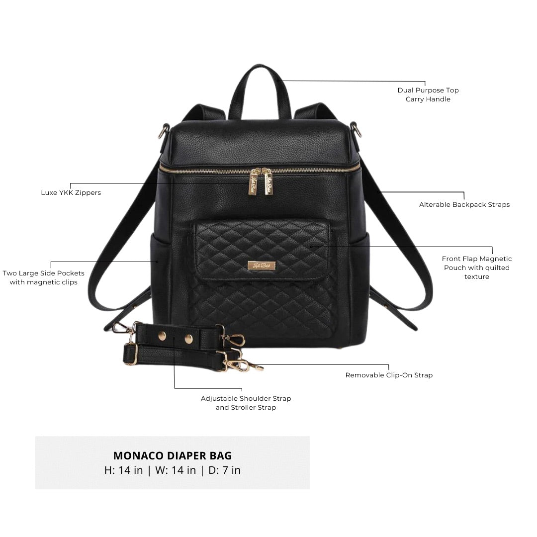 Black diaper bag – Monaco by Luli Bebe, size guide with accessories including stroller straps, messenger strap, and matching changing pad