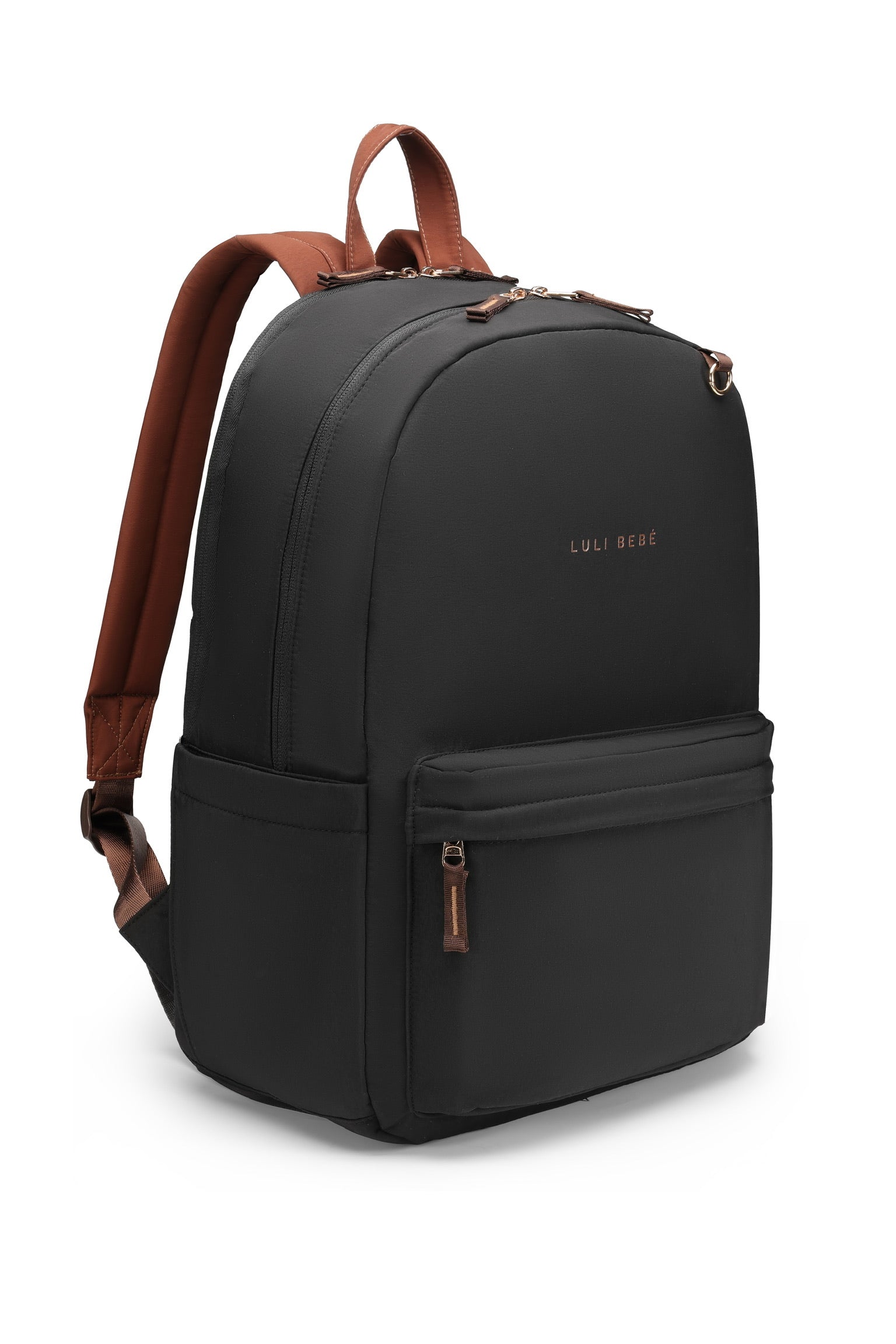 Modern daily backpack in black with brown leather accents – angled side view, minimalist design by Luli Bebé