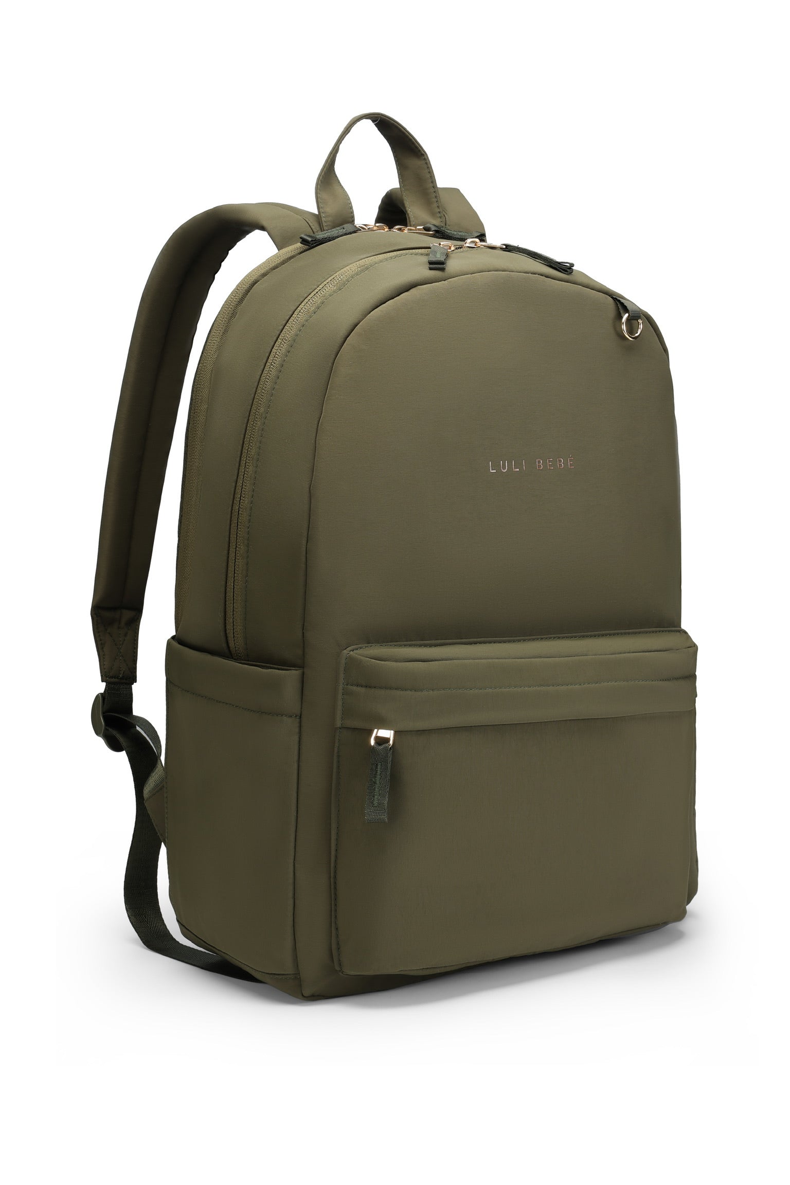 Modern daily backpack in olive – angled front view showing structure and front pocket, minimalist design by Luli Bebé