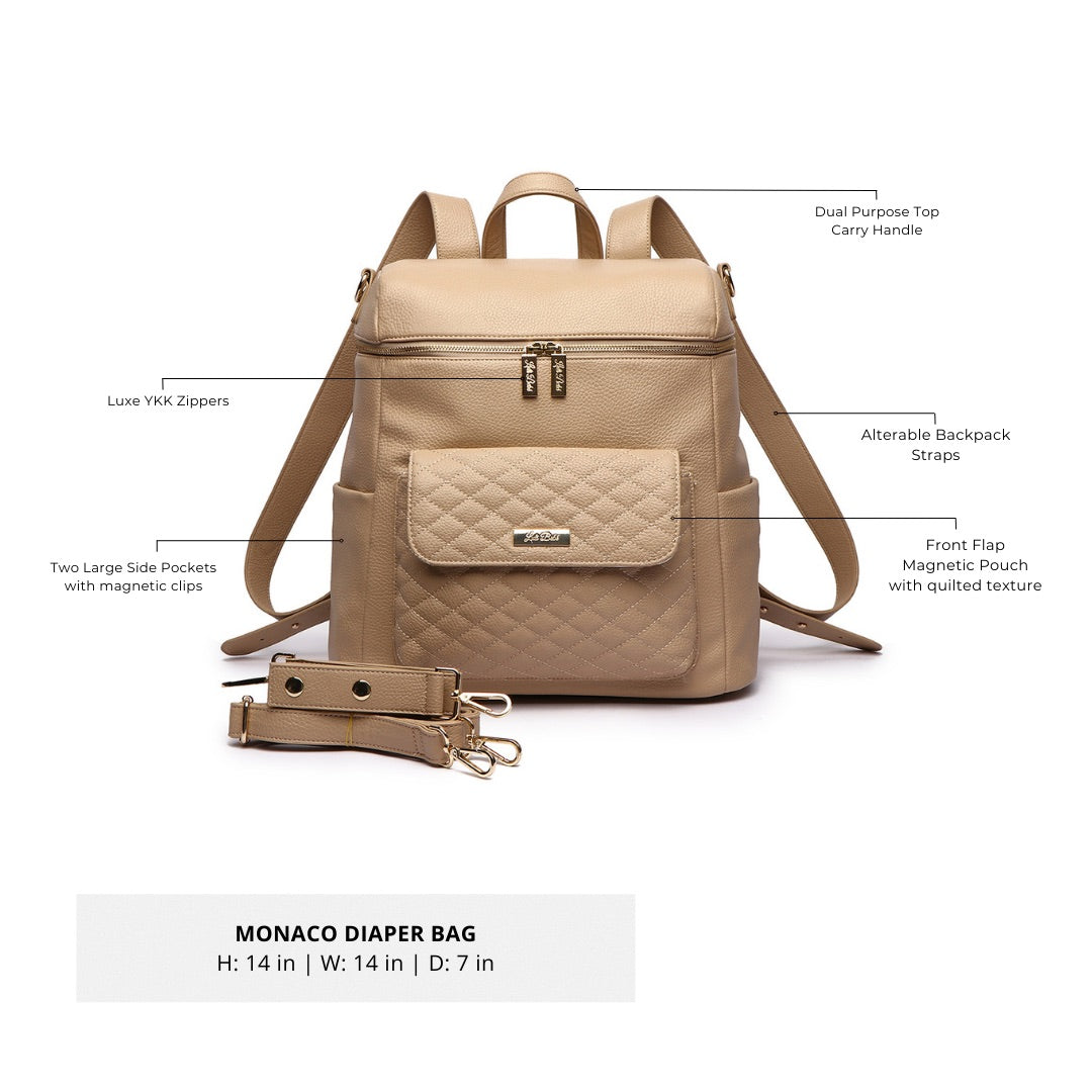 Signature Latte Brown diaper bag by Luli Bebe, showing sizes, stroller straps, changing pad, messenger strap, and smart features for moms and baby essentials