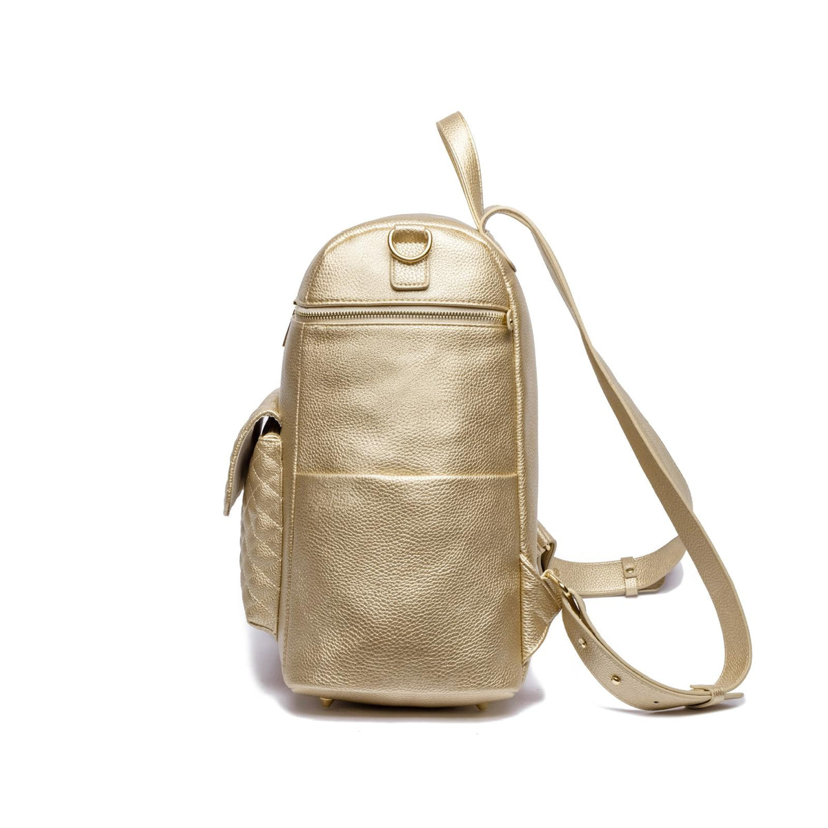 Imperfect Luli Bebé Monaco gold vegan leather diaper bag backpack with quilted front pocket and gold hardware