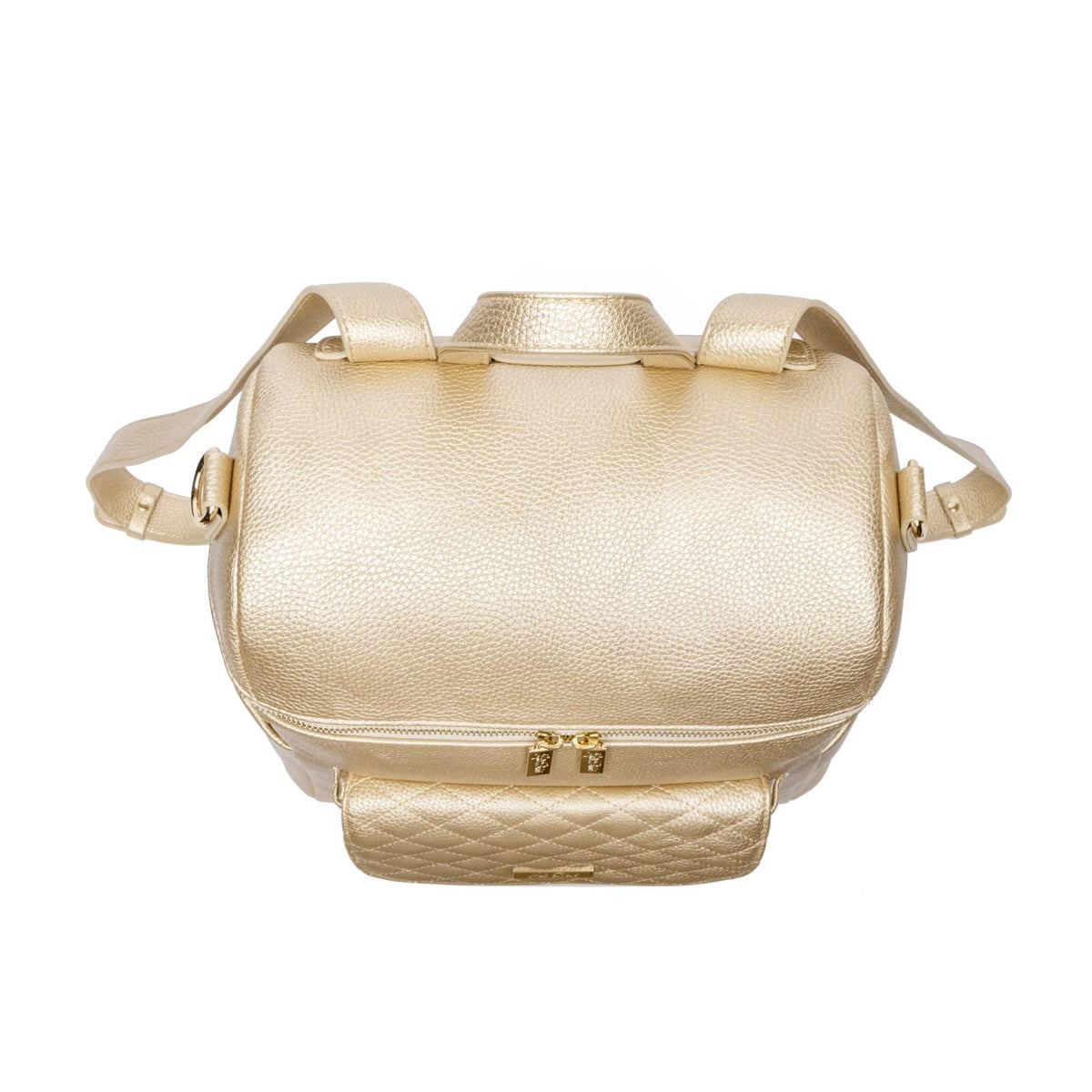 Imperfect Luli Bebé Monaco gold vegan leather diaper bag backpack with quilted front pocket and gold hardware