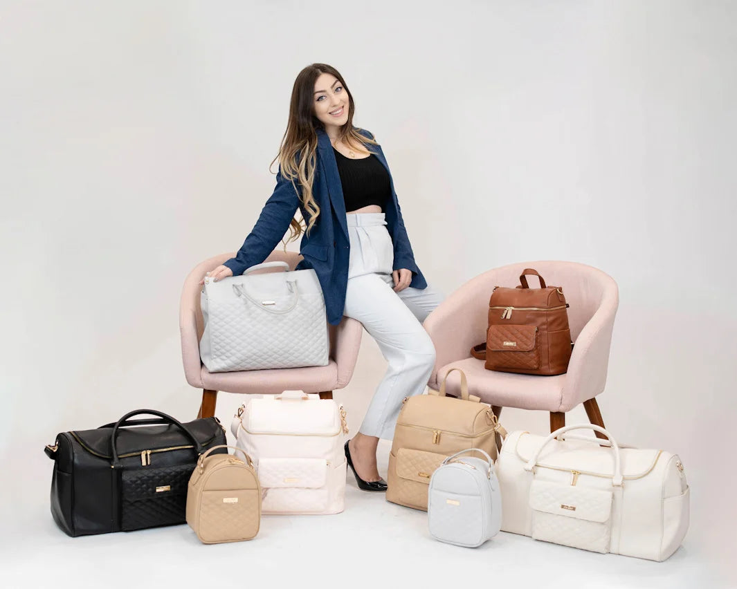 Luli Bebé brand founder presenting the full collection of designer diaper bag Backpacks. 
