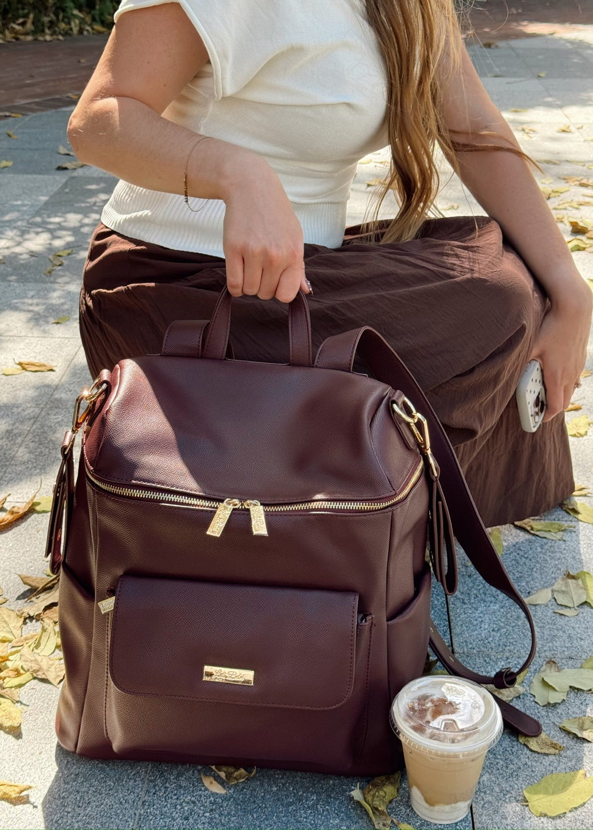 Luxury burgundy diaper bag backpack for moms in vegan leather – Montecito Merlot by Luli Bebé