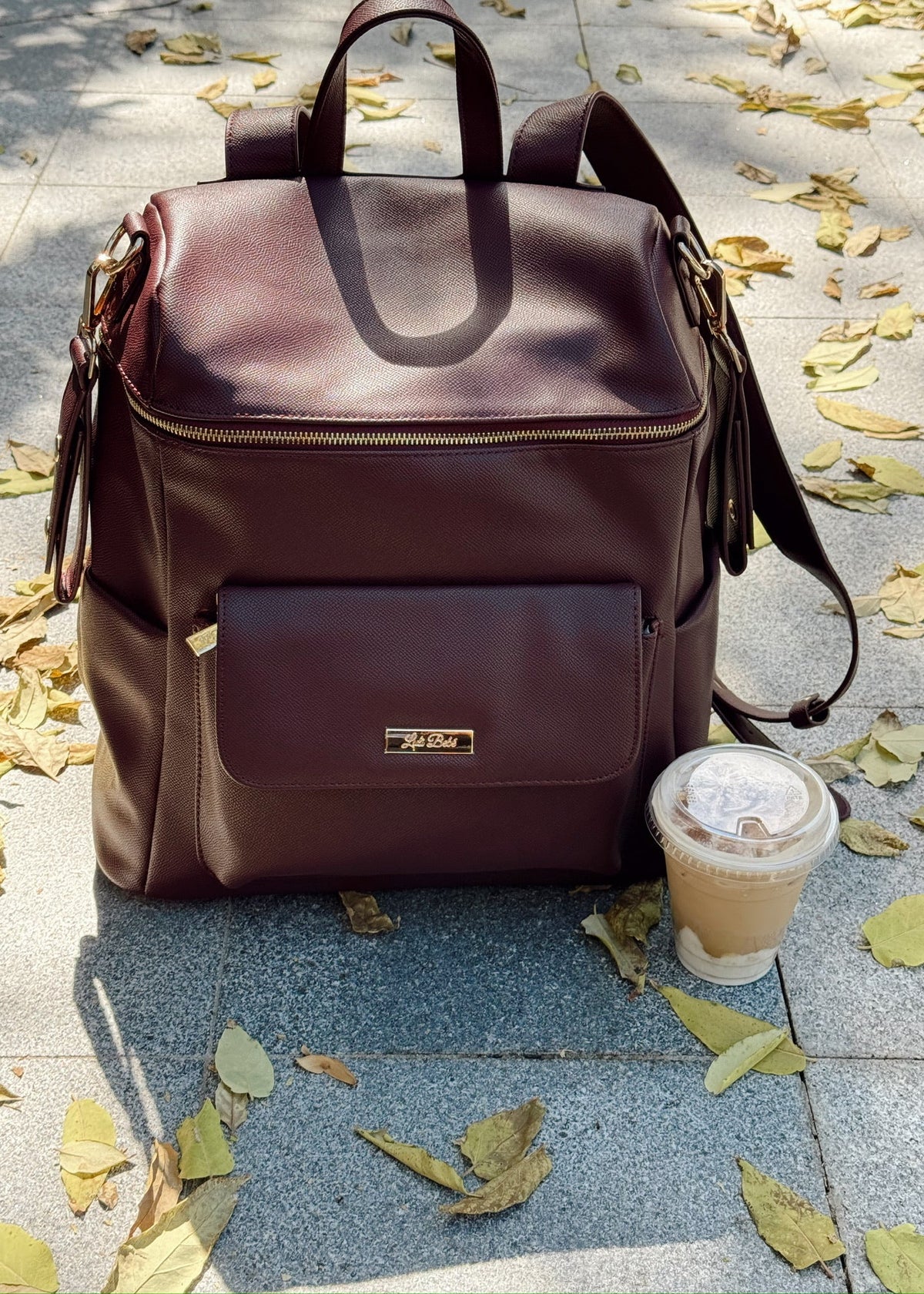 Luxury burgundy diaper bag backpack for moms in vegan leather – Montecito Merlot by Luli Bebé